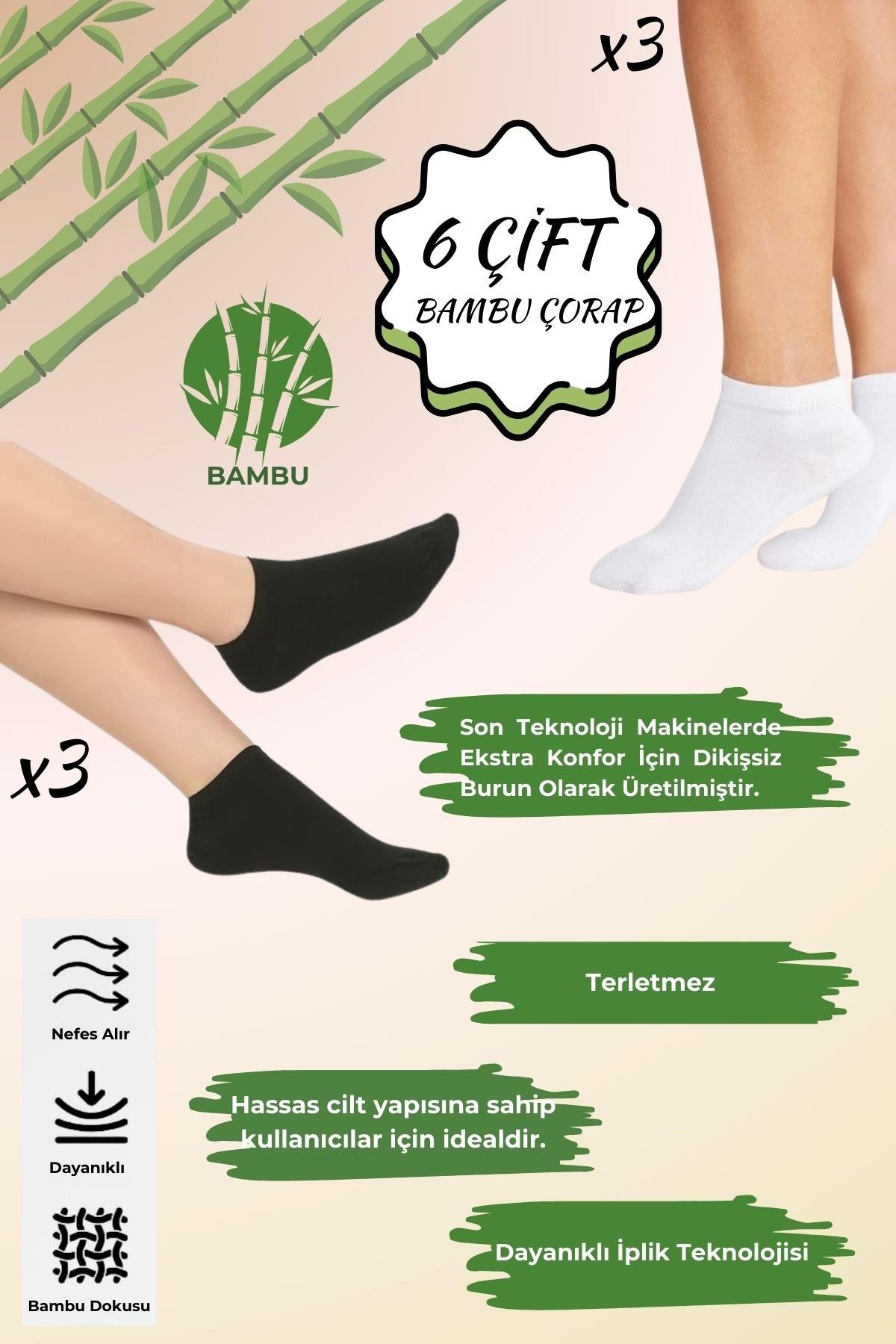 Kadın Çorap (6 Çift) Kısa Patik Bambu Esnek Terletmez Erkek Çorap