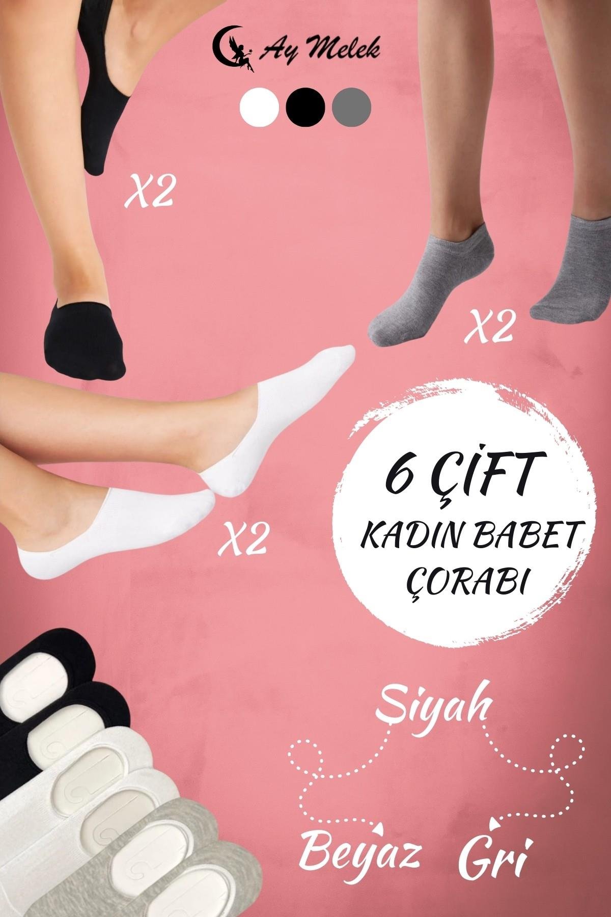 Kadın Çorap (6 Çift) Silikon Topuk Kaymayan Burun Dikişsiz Kaliteli Babet Çorap