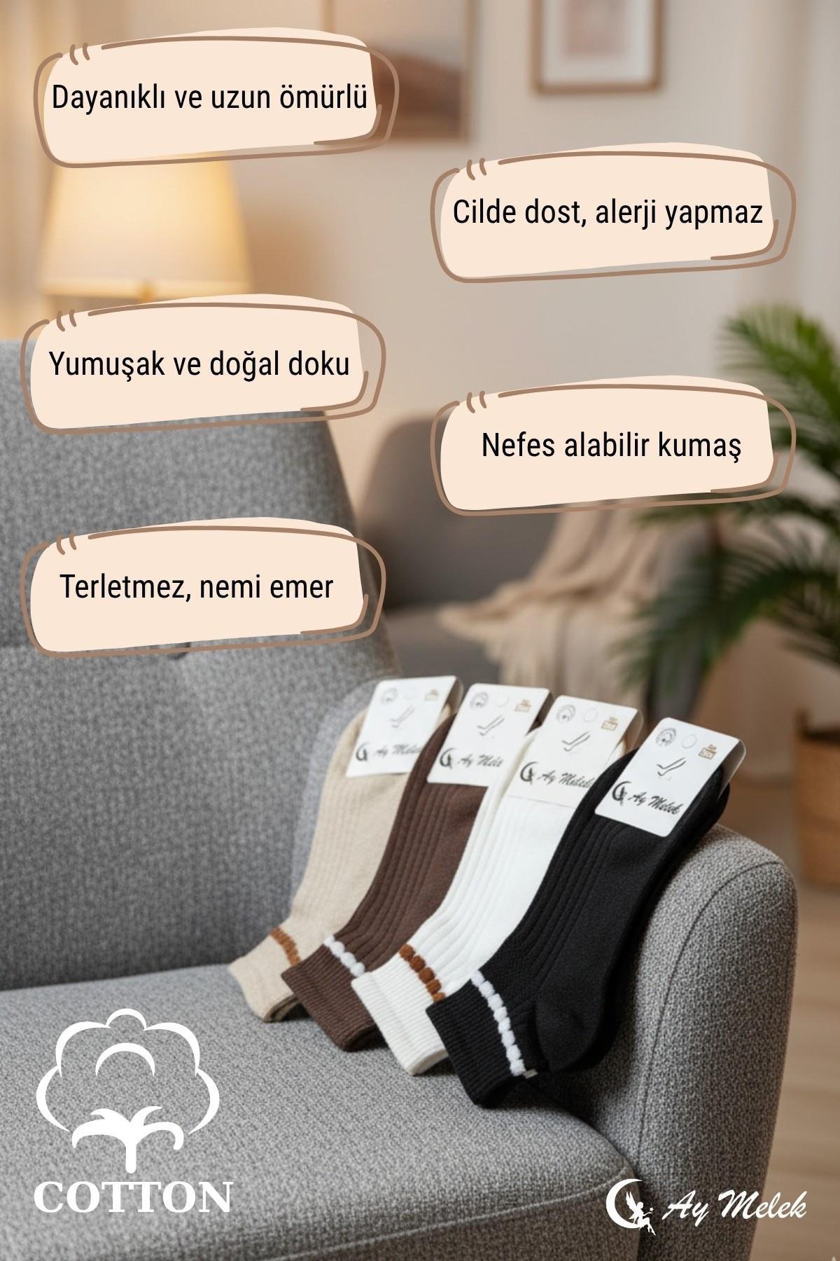 Kadın Çorap Doğal Pamuklu (4 Çift) Fitilli Yetişkin Kısa Çorap