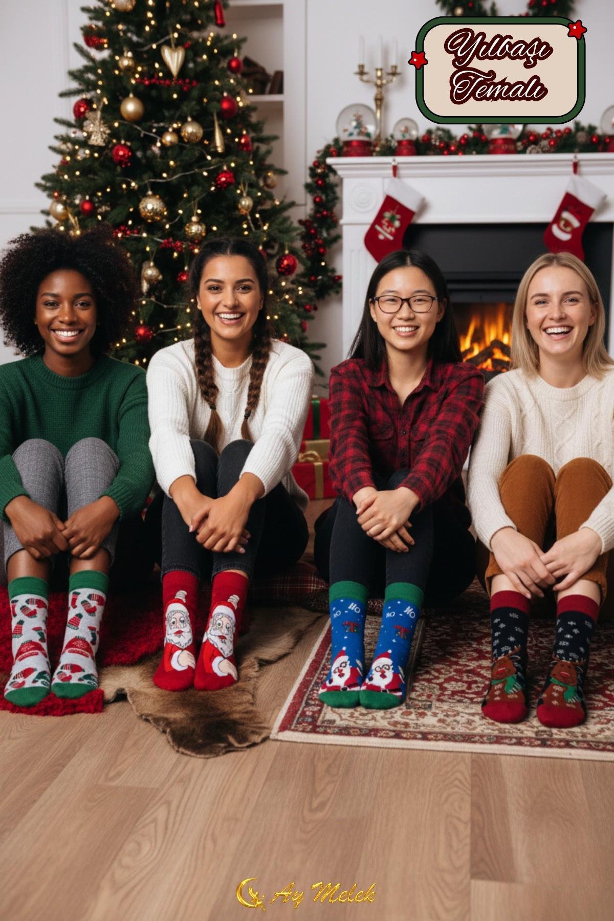 Kadın Erkek Çorabı Yılbaşı hediyesi Desenli Renkli 4'lü Yeni Yıl Çorabı (PARFÜM YIKAMALI)