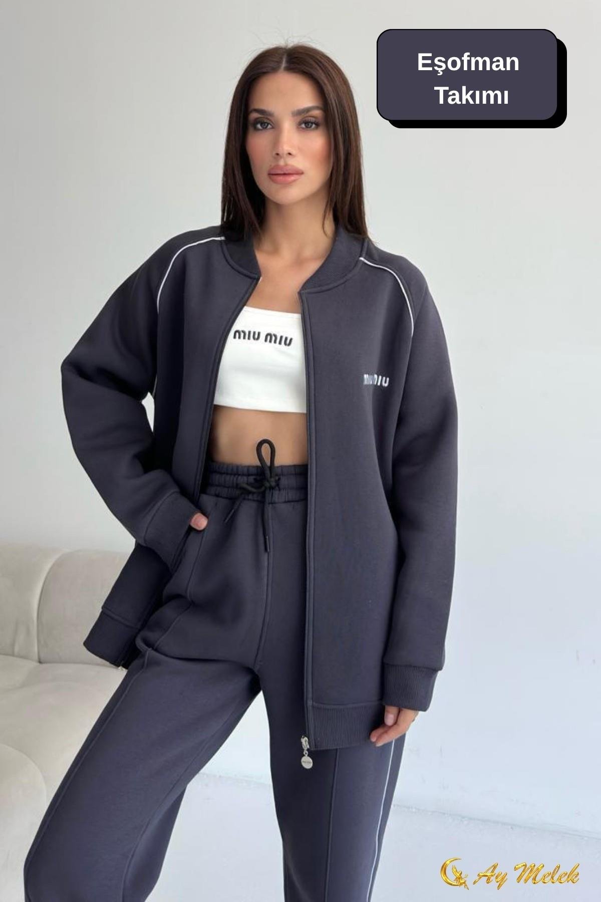 Kadın Eşofman Takımı 3 İplik Şardonlu Kışlık (Crop Hediyeli) Alt-Üst Takım