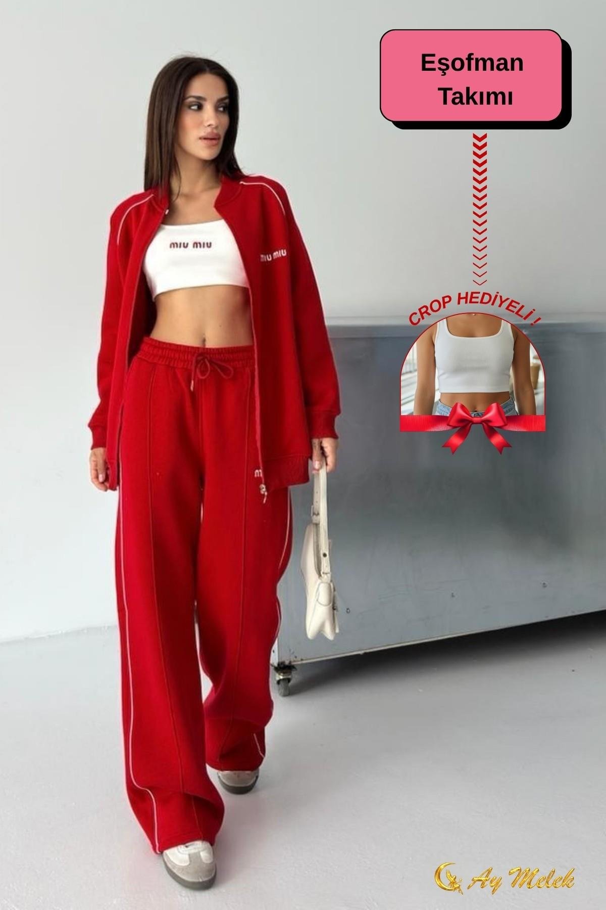 Kadın Eşofman Takımı 3 İplik Şardonlu Kışlık (Crop Hediyeli) Alt-Üst Takım