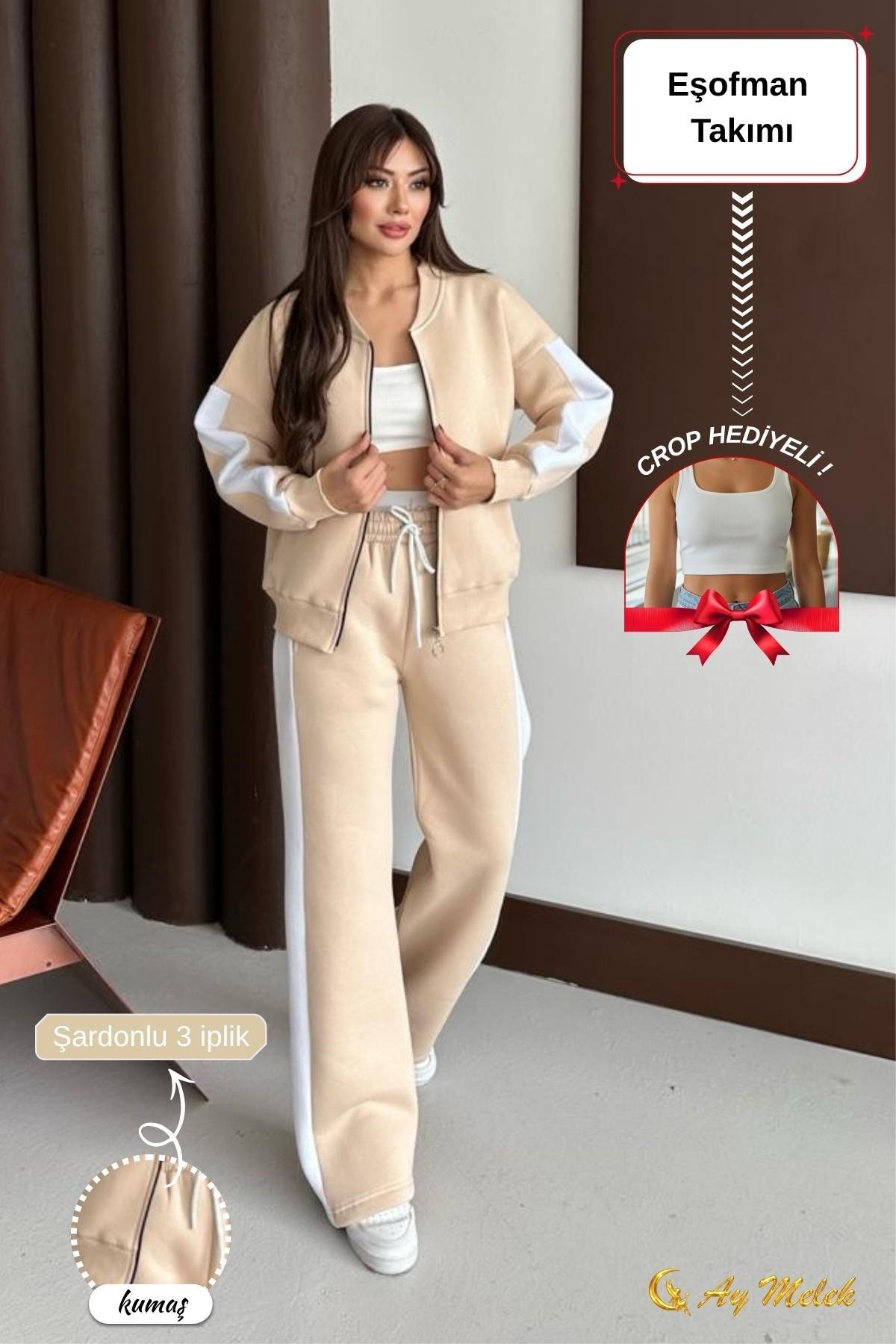 Kadın Eşofman Takımı Mevsimlik Şardonlu Kışlık Hırkalı Alt-Üst Takım (Crop Hediyeli)