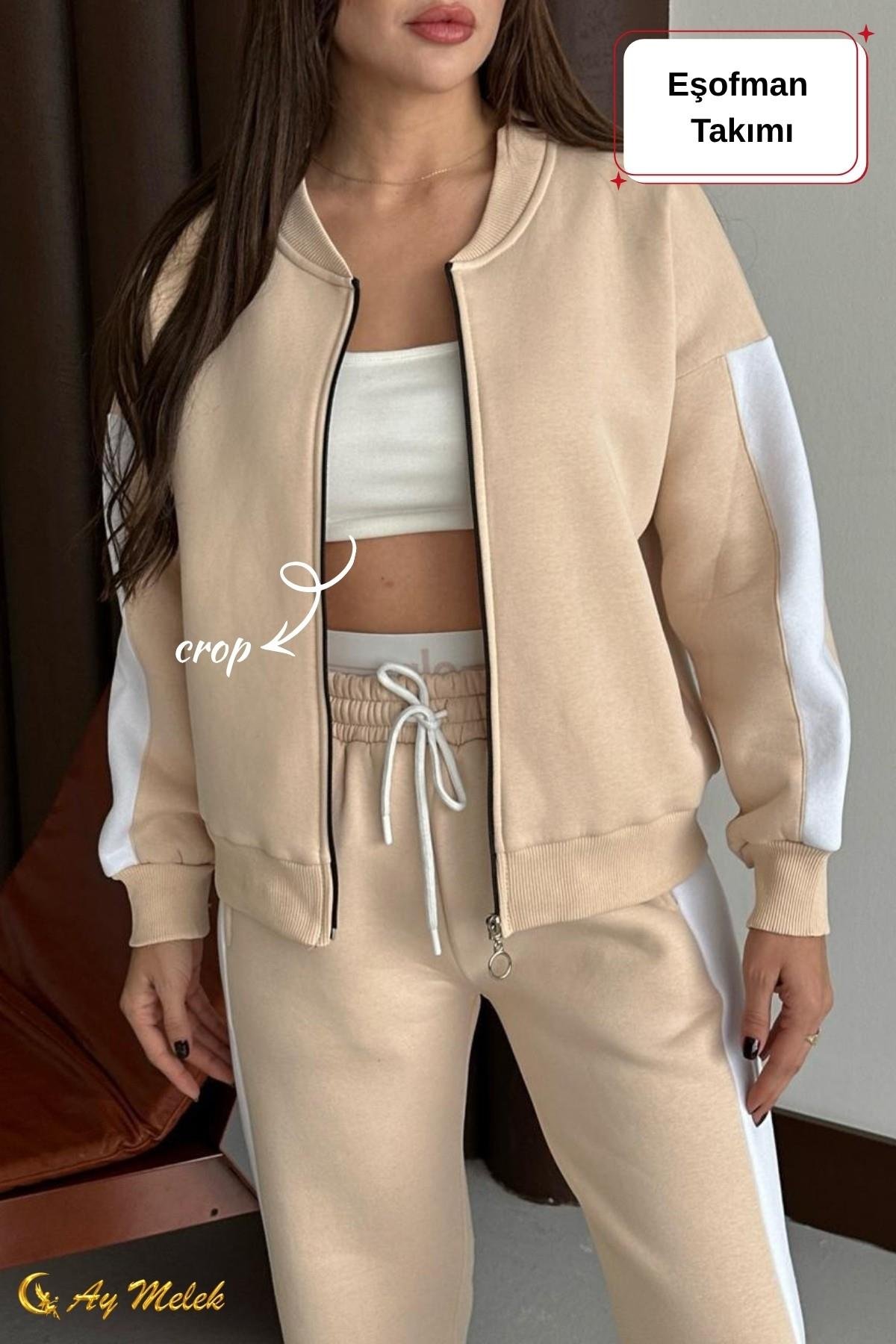 Kadın Eşofman Takımı Mevsimlik Şardonlu Kışlık Hırkalı Alt-Üst Takım (Crop Hediyeli)