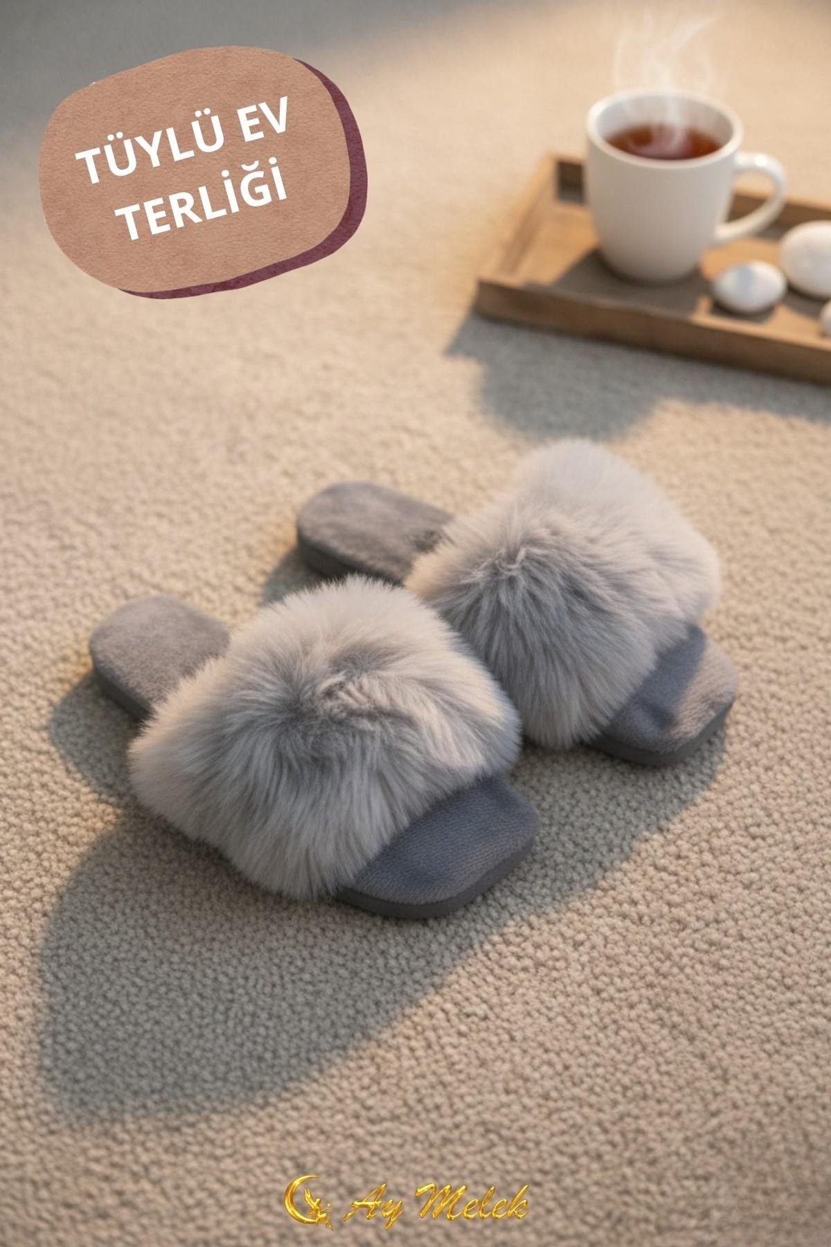 Kadın Ev Terliği Çeyizlik Gül Desenli Tüylü Yumuşak Peluş Terlik