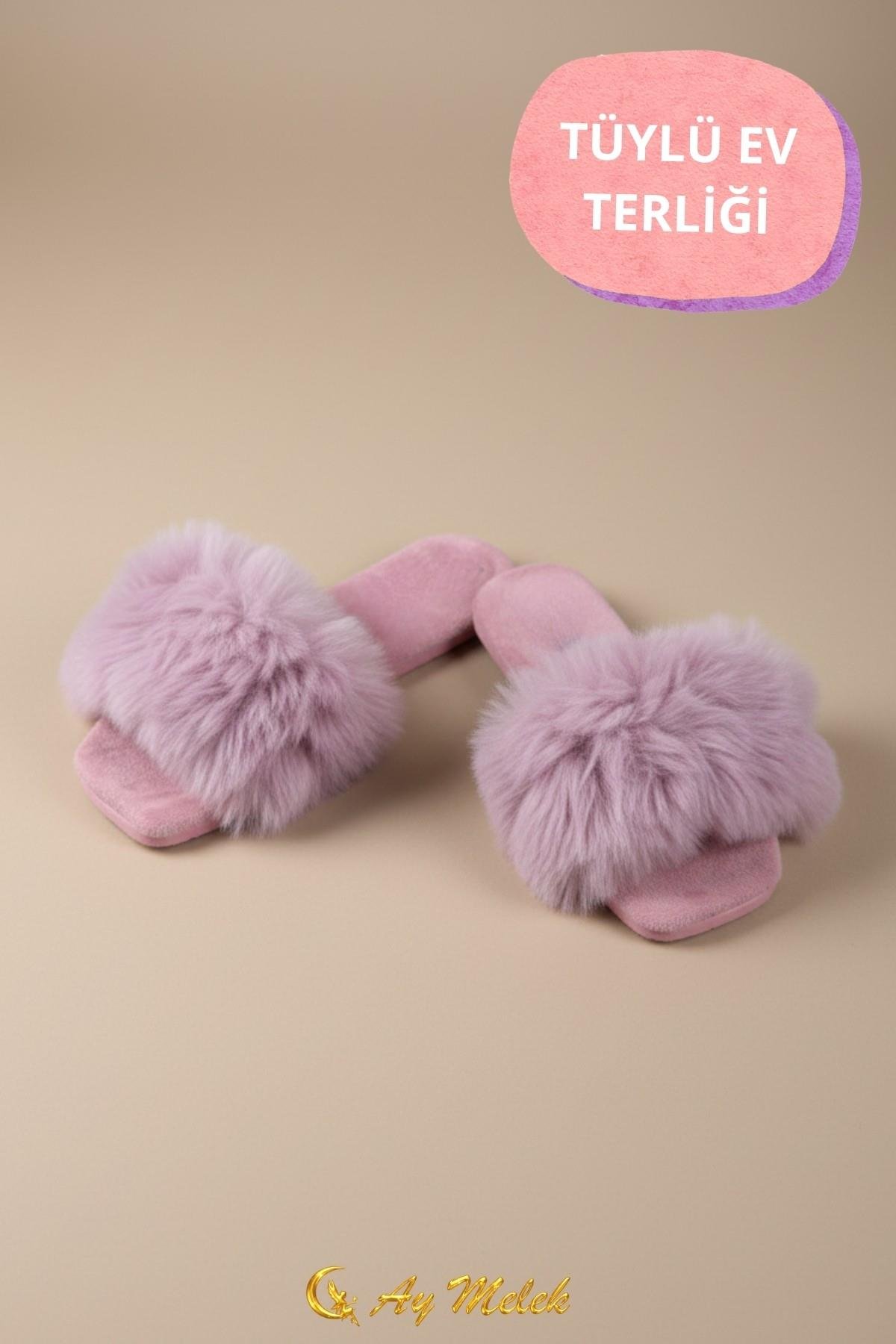 Kadın Ev Terliği Çeyizlik Gül Desenli Tüylü Yumuşak Peluş Terlik