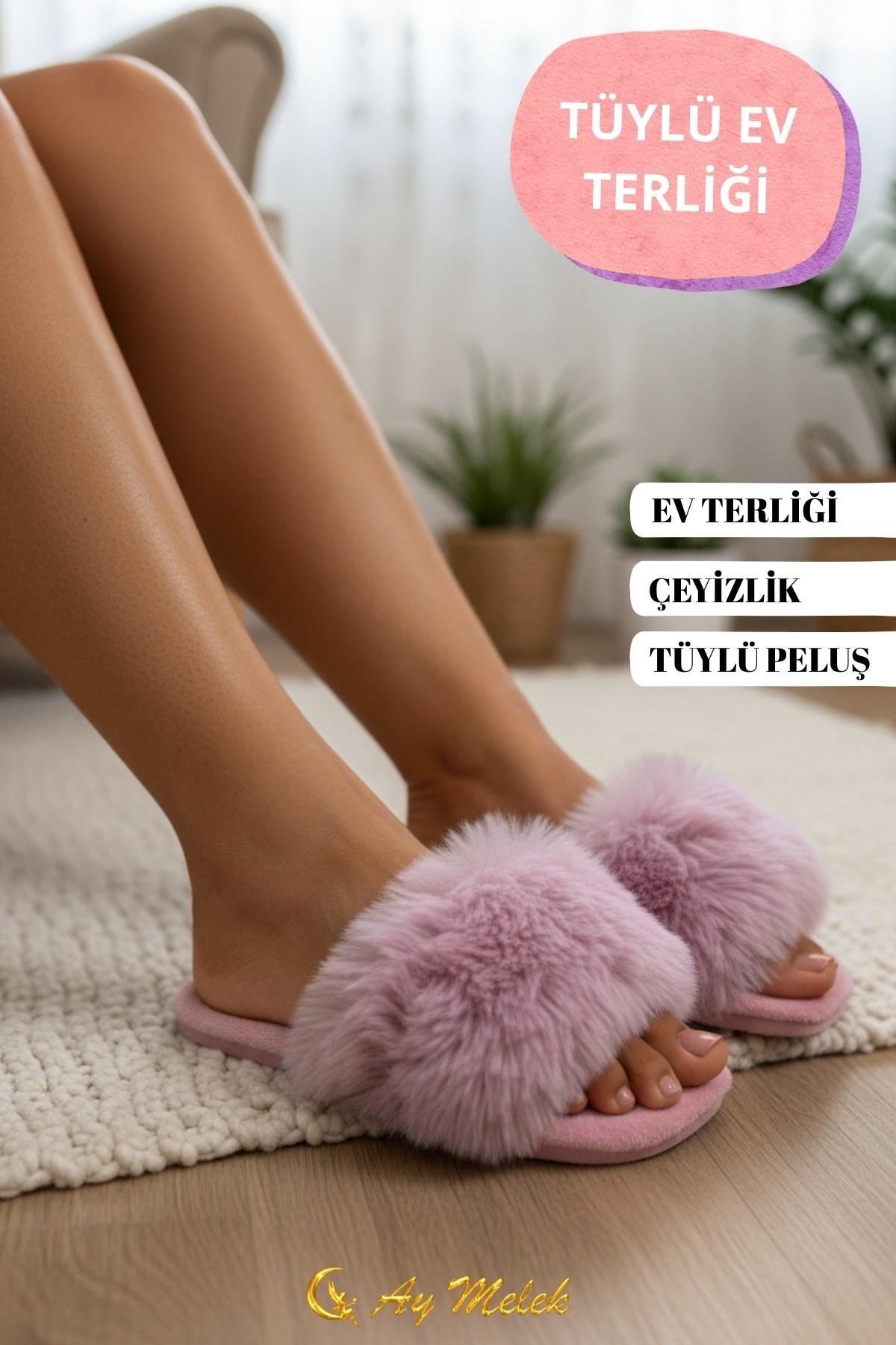 Kadın Ev Terliği Çeyizlik Gül Desenli Tüylü Yumuşak Peluş Terlik