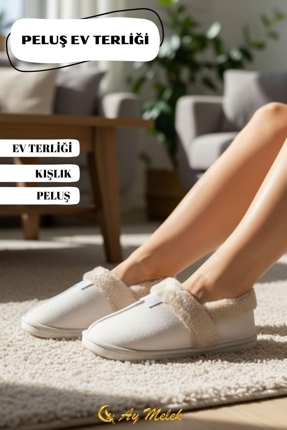 Kadın Ev Terliği İçi Tüylü Kışlık Kaymaz Taban Peluş Panduf