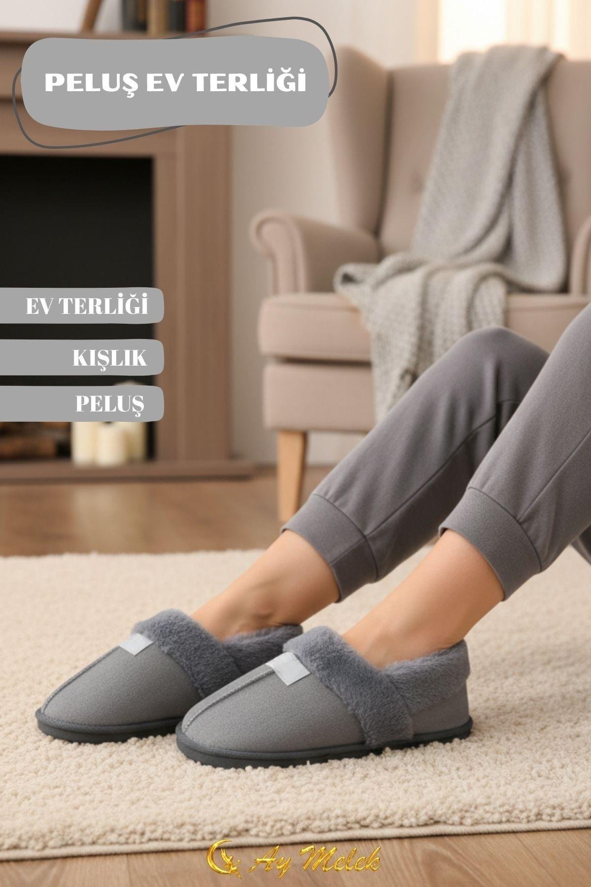 Kadın Ev Terliği İçi Tüylü Kışlık Kaymaz Taban Peluş Panduf