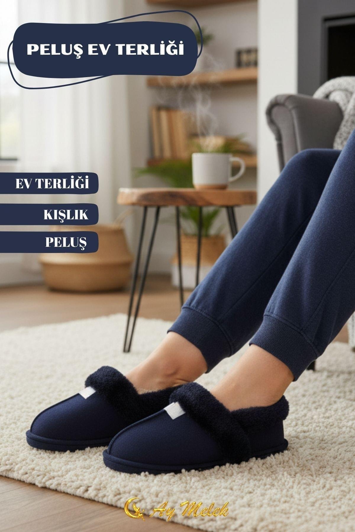 Kadın Ev Terliği İçi Tüylü Kışlık Kaymaz Taban Peluş Panduf