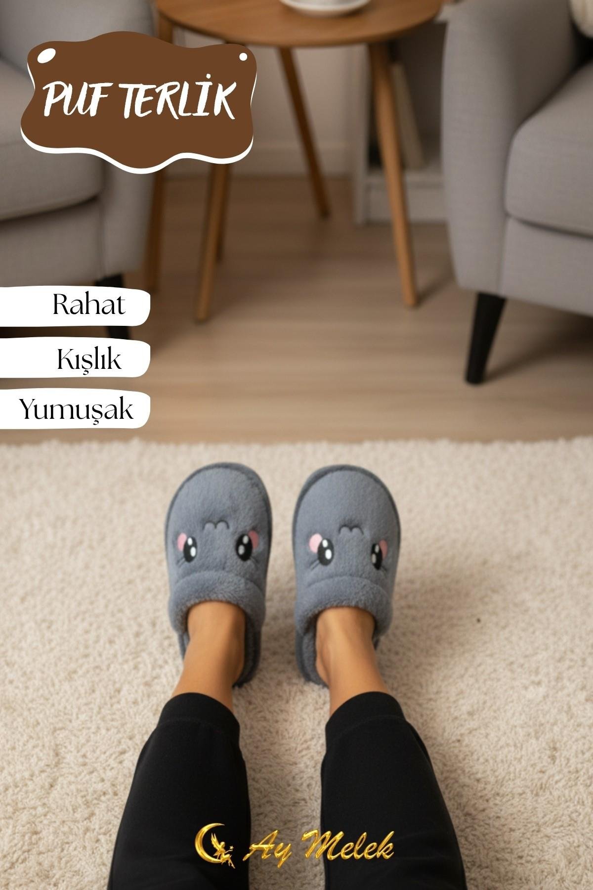Kadın Ev Terliği Kışlık Peluş Pofuduk (Hayvan Figürlü) Kaymaz Taban Terlik