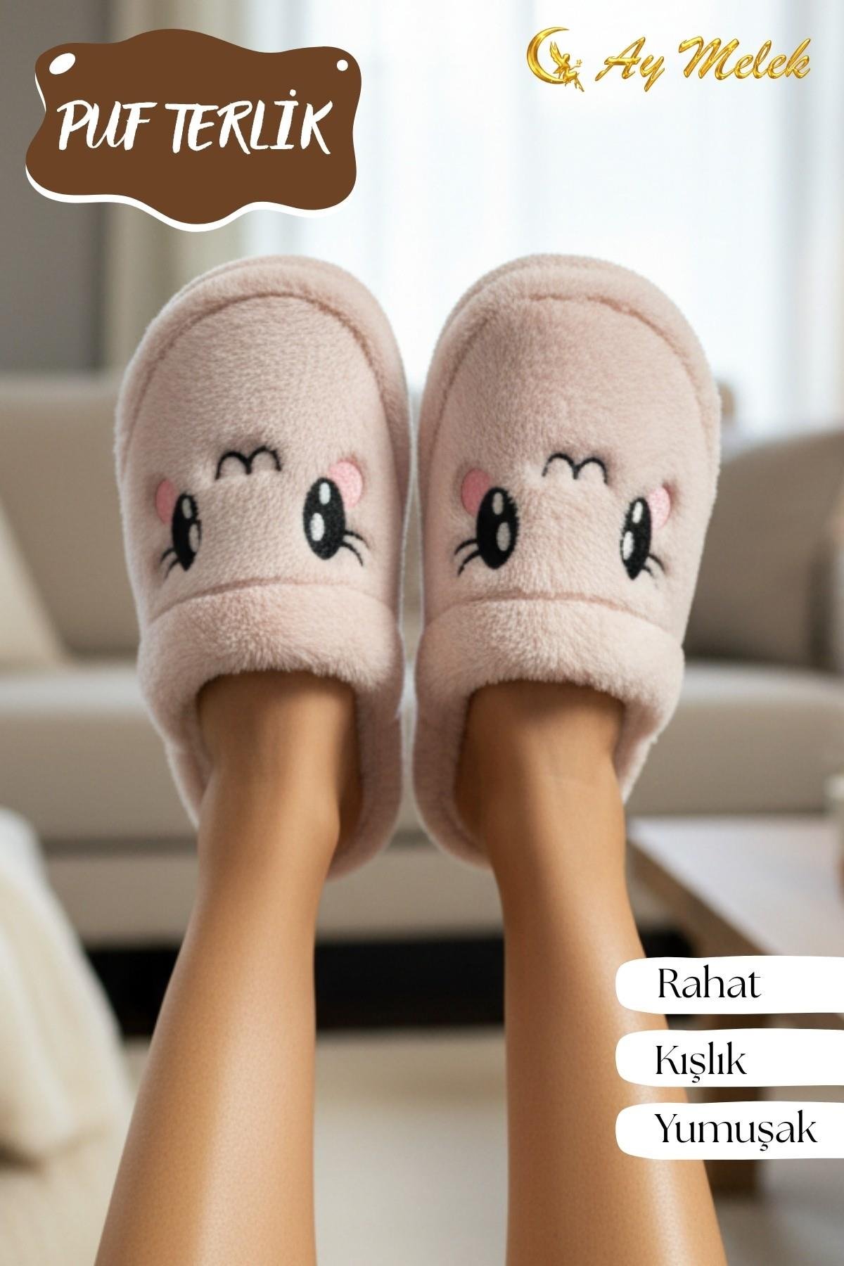Kadın Ev Terliği Kışlık Peluş Pofuduk (Hayvan Figürlü) Kaymaz Taban Terlik