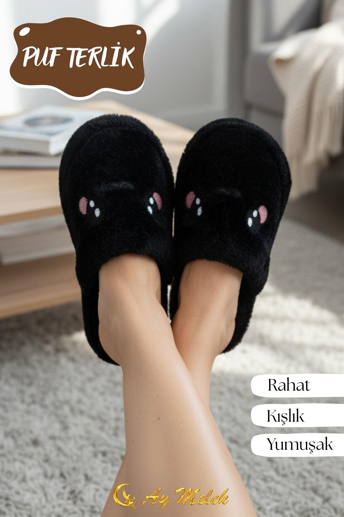 Kadın Ev Terliği Kışlık Peluş Pofuduk (Hayvan Figürlü) Kaymaz Taban Terlik