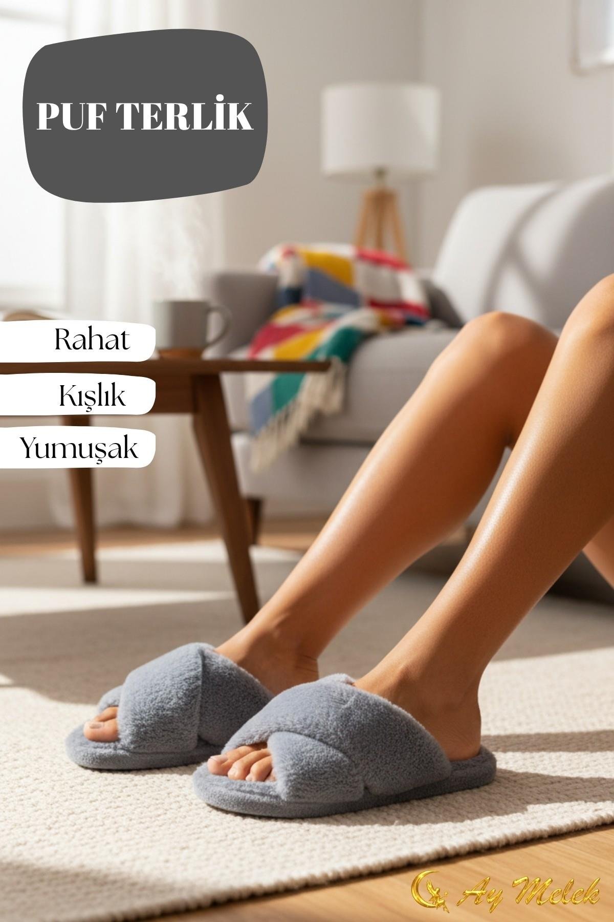 Kadın Ev Terliği Peluş Çapraz Yumuşak Tabanlı, Kaymaz, Kışlık Terlik