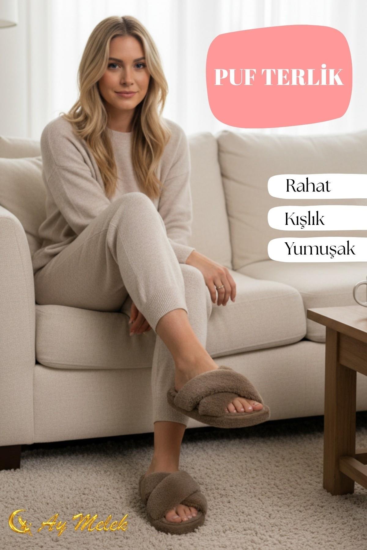 Kadın Ev Terliği Peluş Çapraz Yumuşak Tabanlı, Kaymaz, Kışlık Terlik