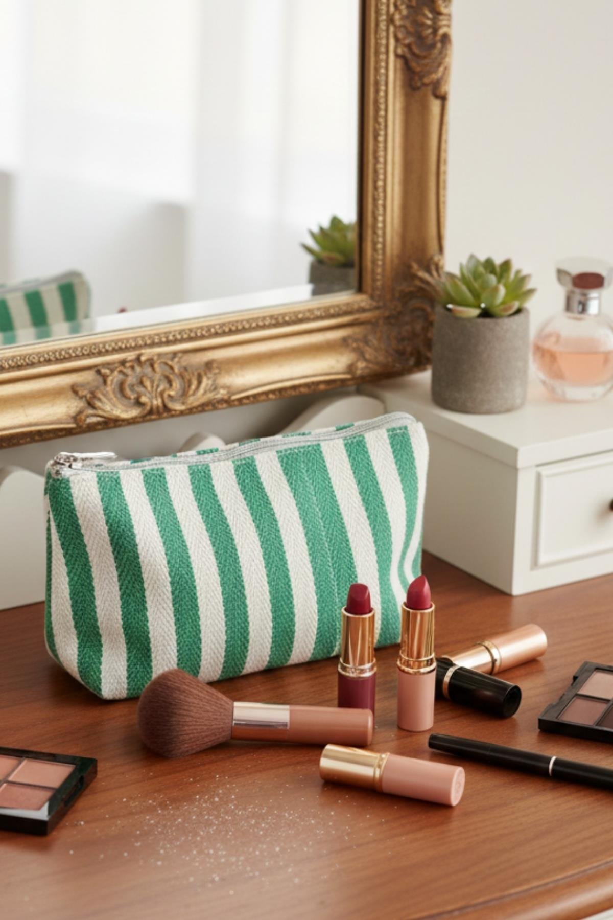 Kadın Fermuarlı Kanvas Çizgili Makyaj Çantası Örgülü
