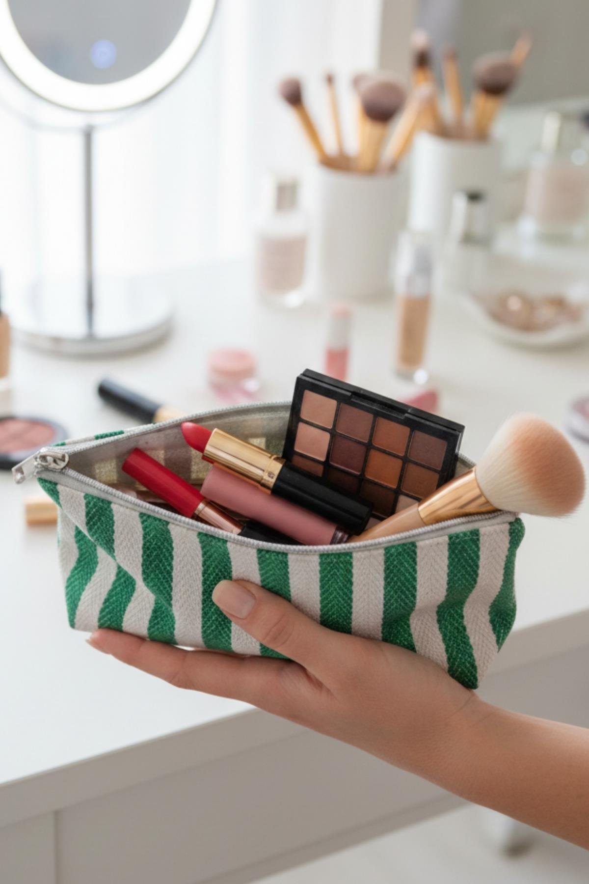 Kadın Fermuarlı Kanvas Çizgili Makyaj Çantası Örgülü