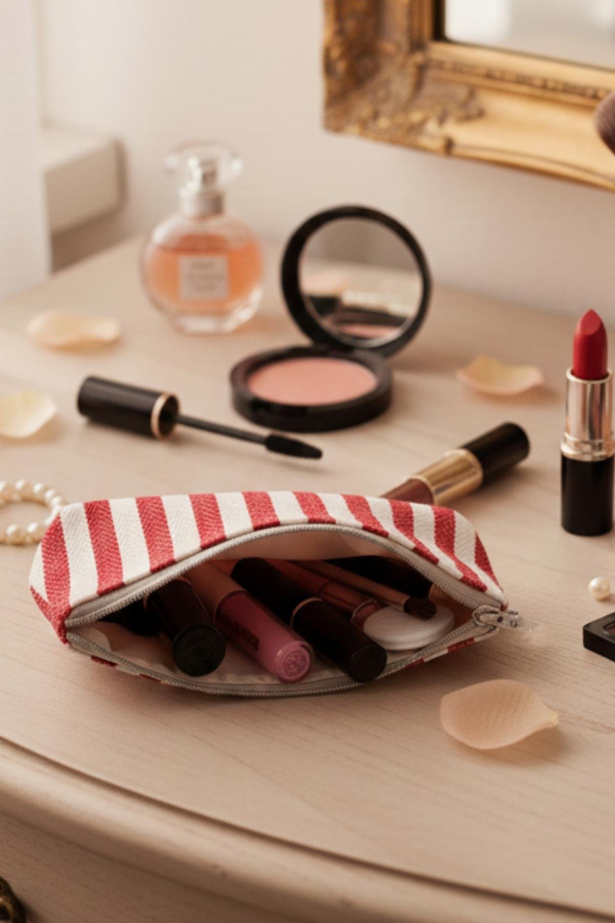 Kadın Fermuarlı Kanvas Çizgili Makyaj Çantası Örgülü