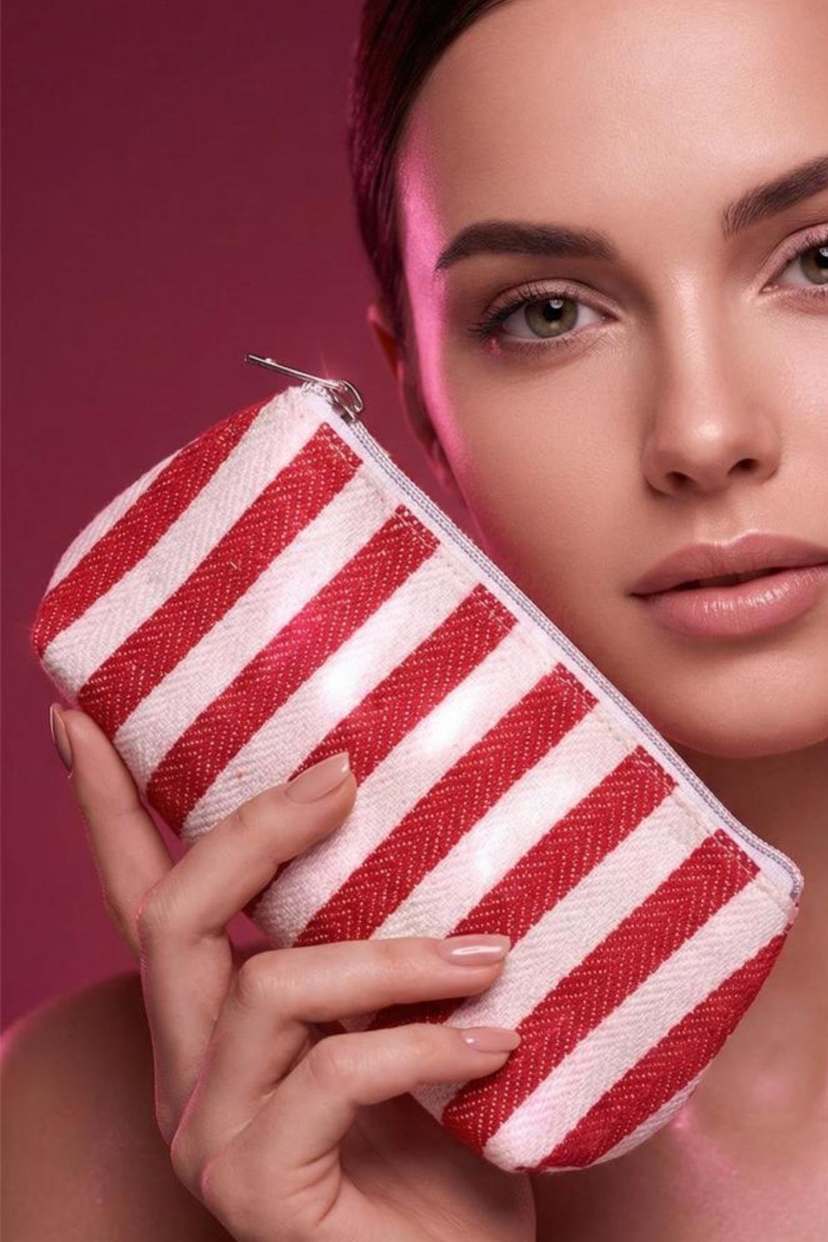 Kadın Fermuarlı Kanvas Çizgili Makyaj Çantası Örgülü