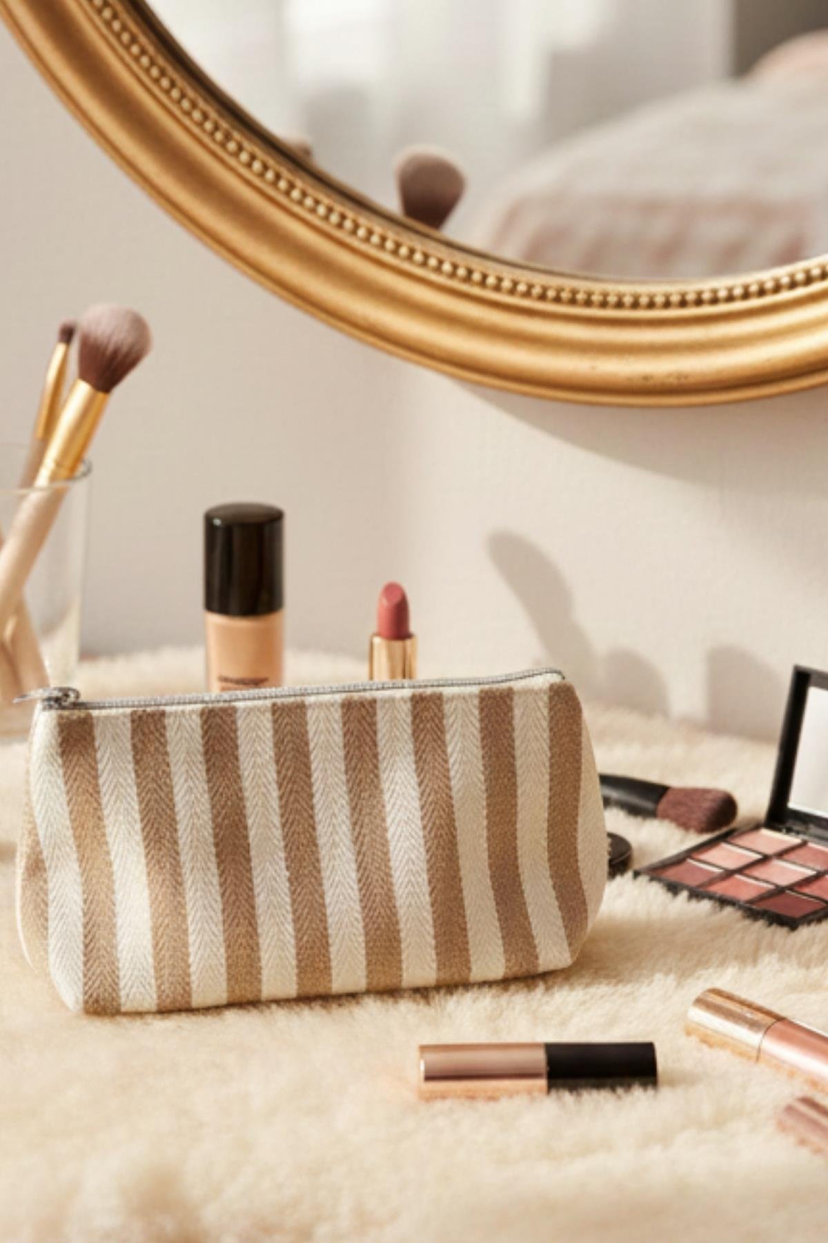 Kadın Fermuarlı Kanvas Çizgili Makyaj Çantası Örgülü