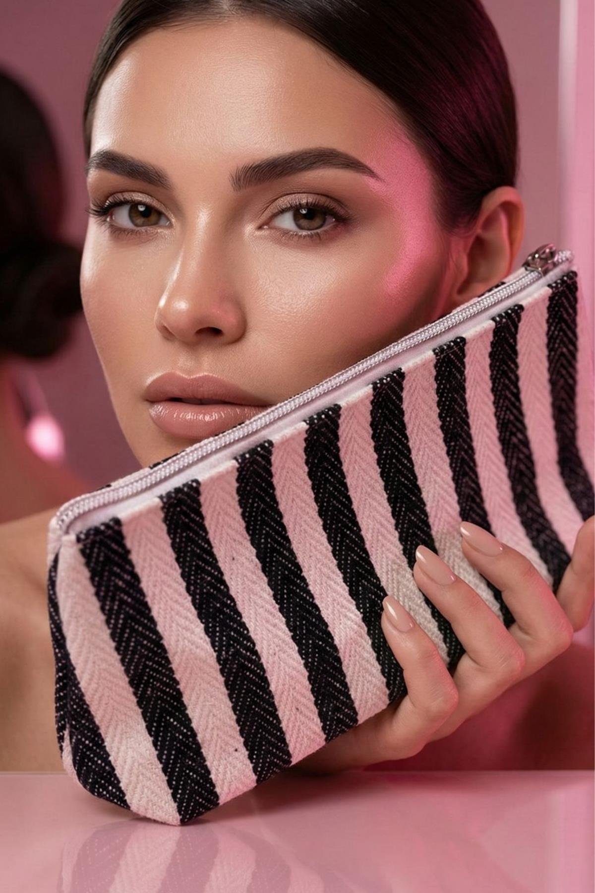 Kadın Fermuarlı Kanvas Çizgili Makyaj Çantası Örgülü