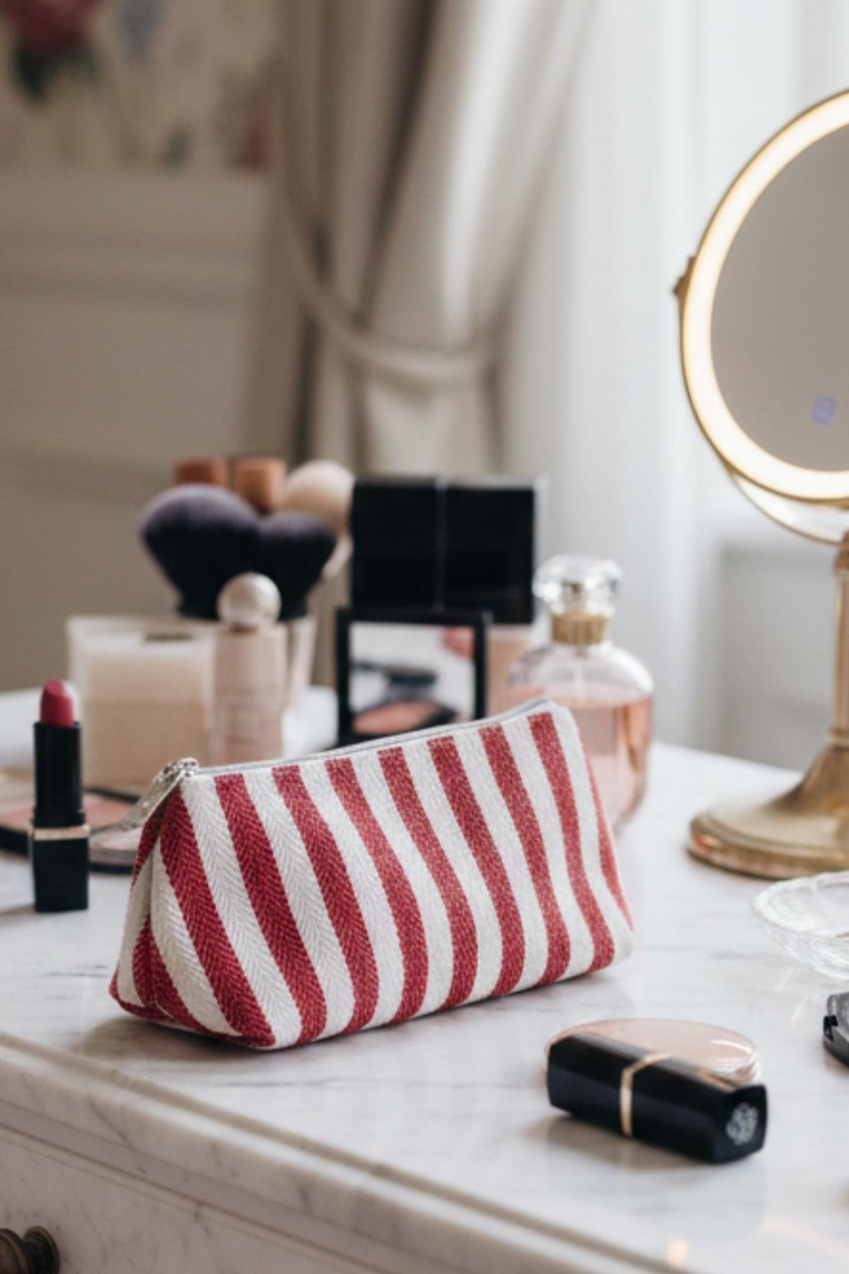 Kadın Fermuarlı Kanvas Çizgili Makyaj Çantası Örgülü