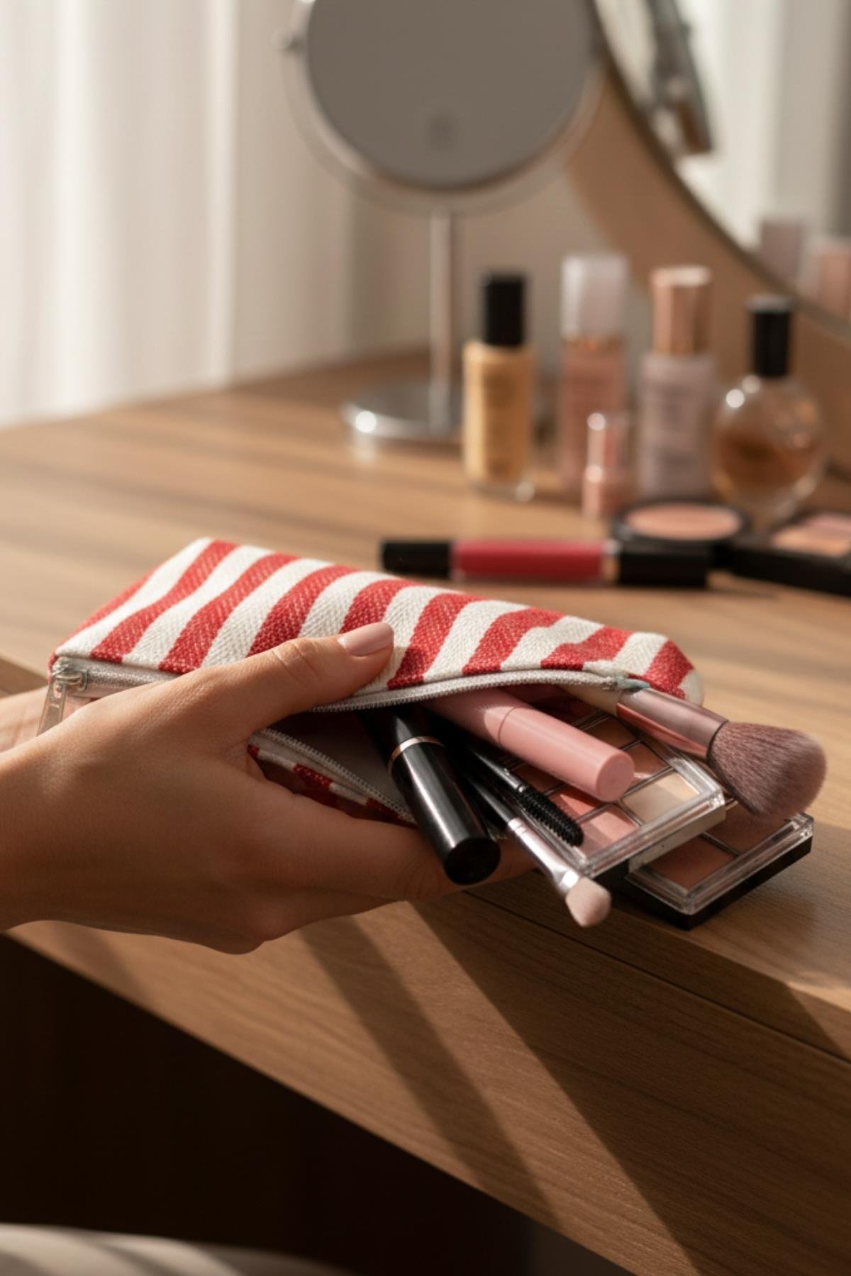 Kadın Fermuarlı Kanvas Çizgili Makyaj Çantası Örgülü