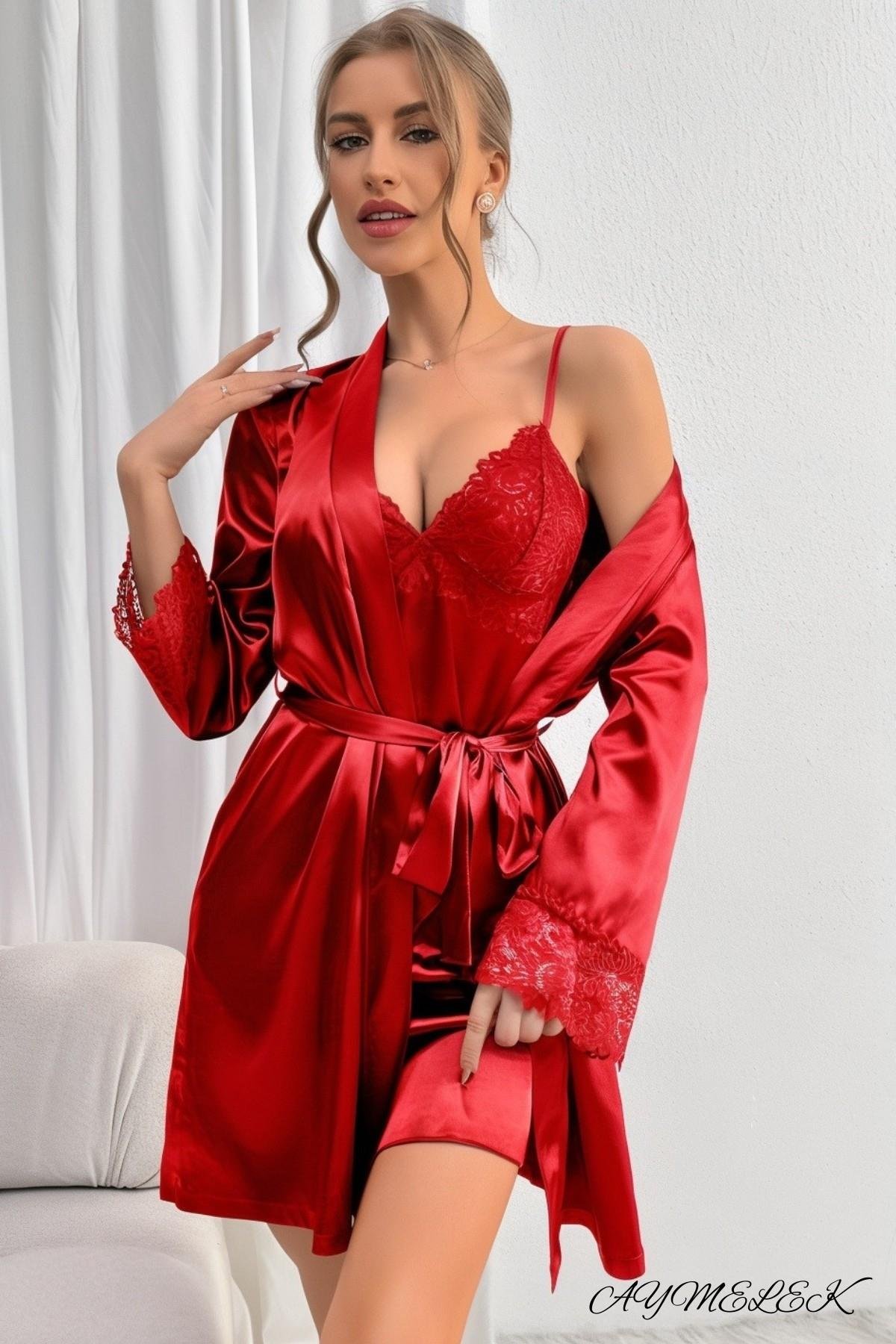 Kadın Gecelik Saten Kumaş Dantel Detaylı Fantazi Çeyizlik Sabahlık İç Giyim