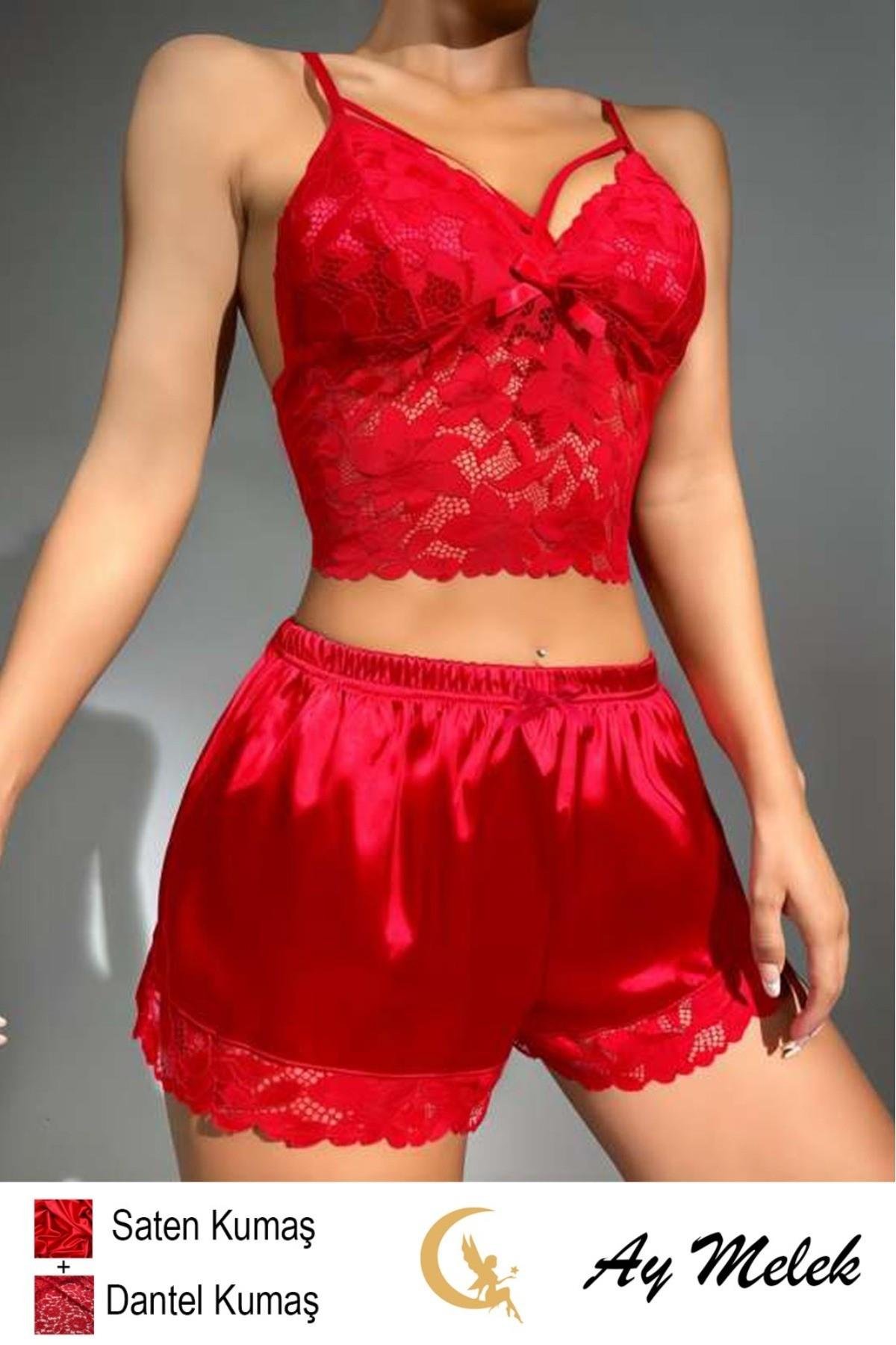 Kadın Gecelik Saten Kumaş Dantel Detaylı Fantazi Şort Takım Çeyizlik İç Giyim