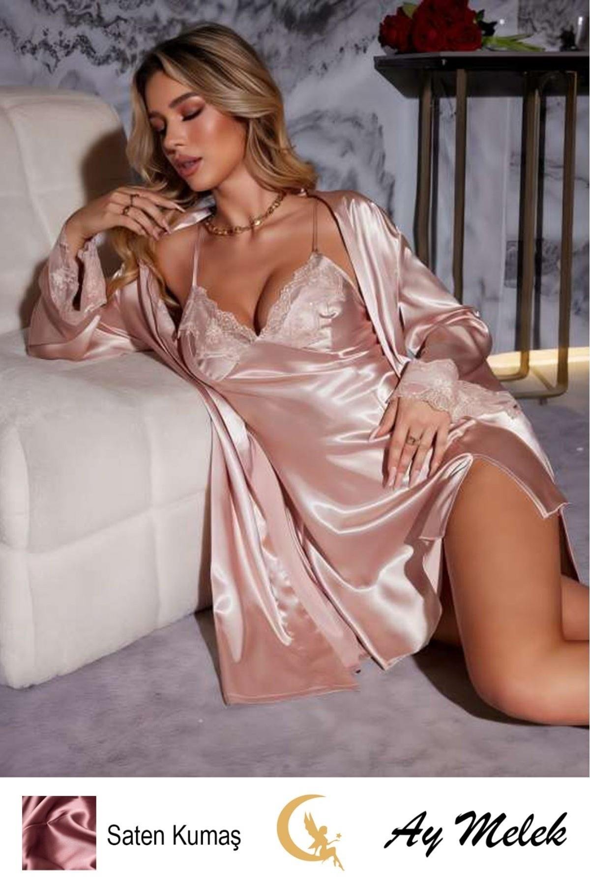 Kadın Gecelik Saten Kumaş Dantel Detaylı Fantazi Çeyizlik Sabahlık İç Giyim
