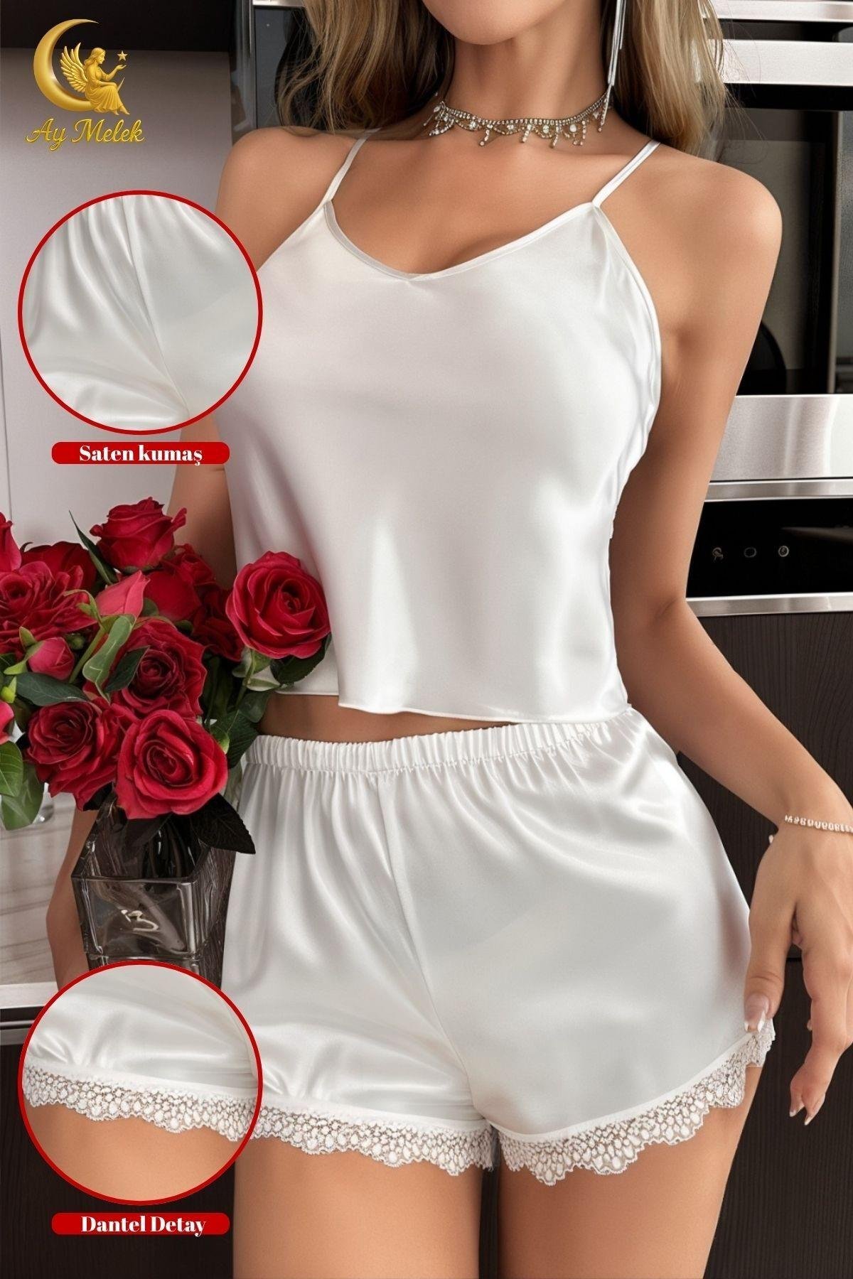 Kadın Gecelik Saten Kumaş Dantel Detaylı Fantazi Şort Takım Çeyizlik İç Giyim
