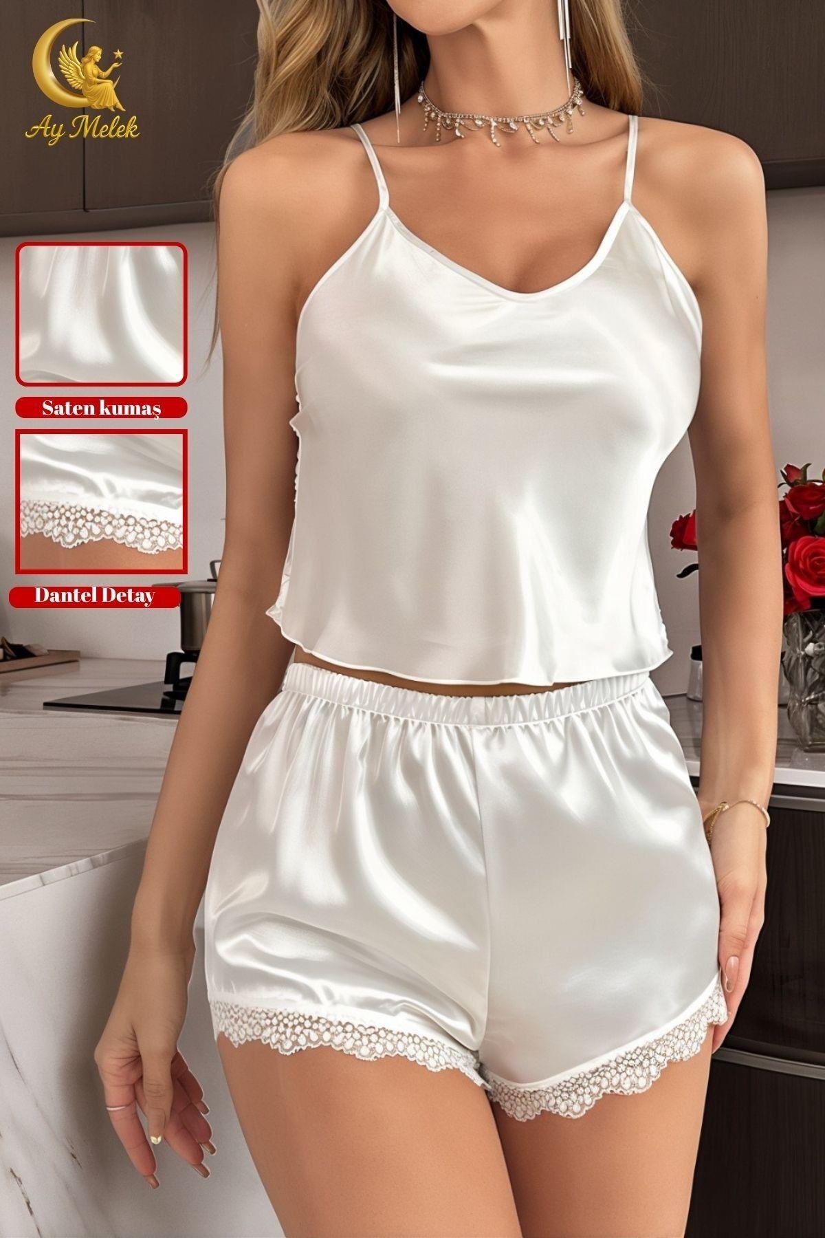 Kadın Gecelik Saten Kumaş Dantel Detaylı Fantazi Şort Takım Çeyizlik İç Giyim