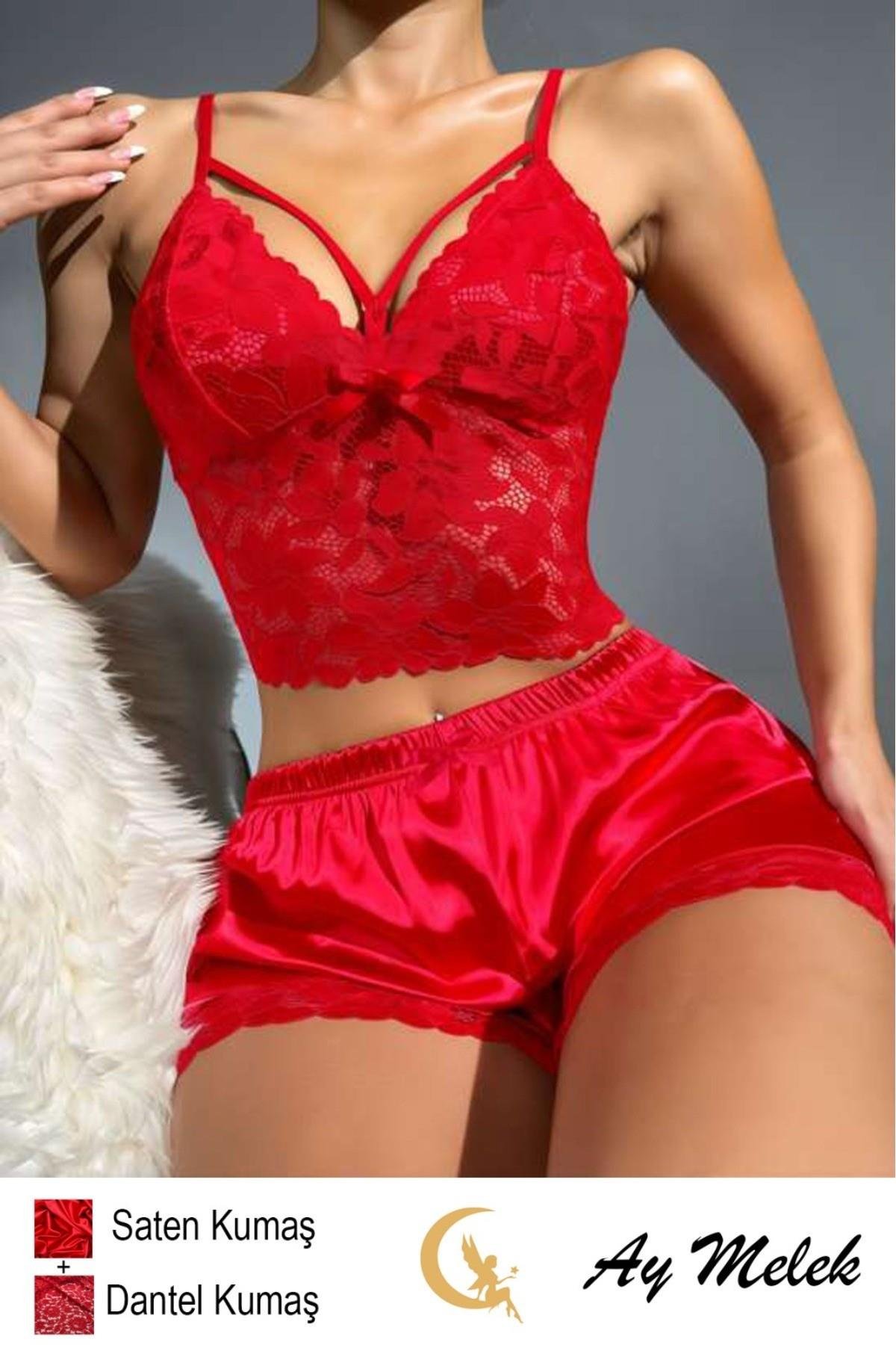 Kadın Gecelik Saten Kumaş Dantel Detaylı Fantazi Şort Takım Çeyizlik İç Giyim