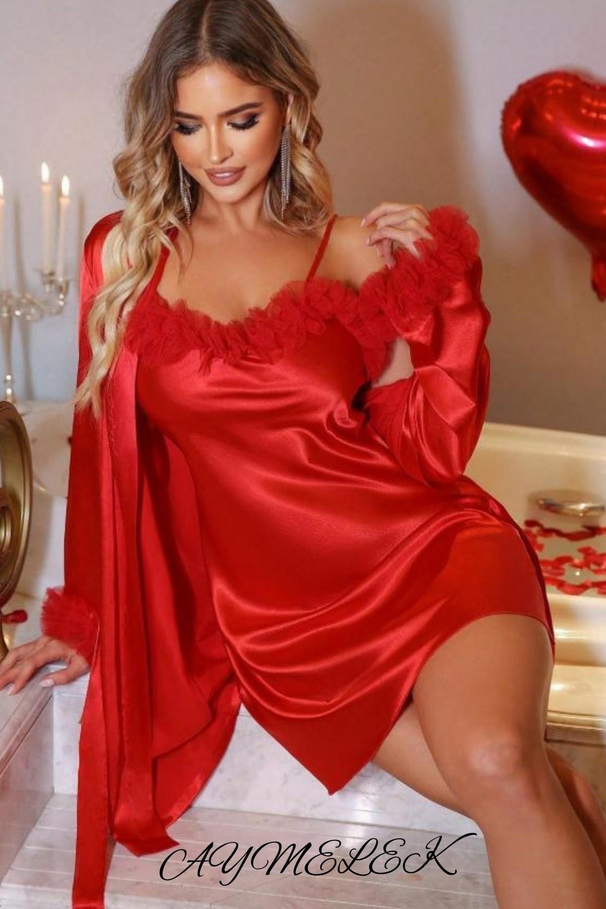 Kadın Gecelik Saten Kumaş Dantel Detaylı Fantazi Çeyizlik Sabahlık İç Giyim