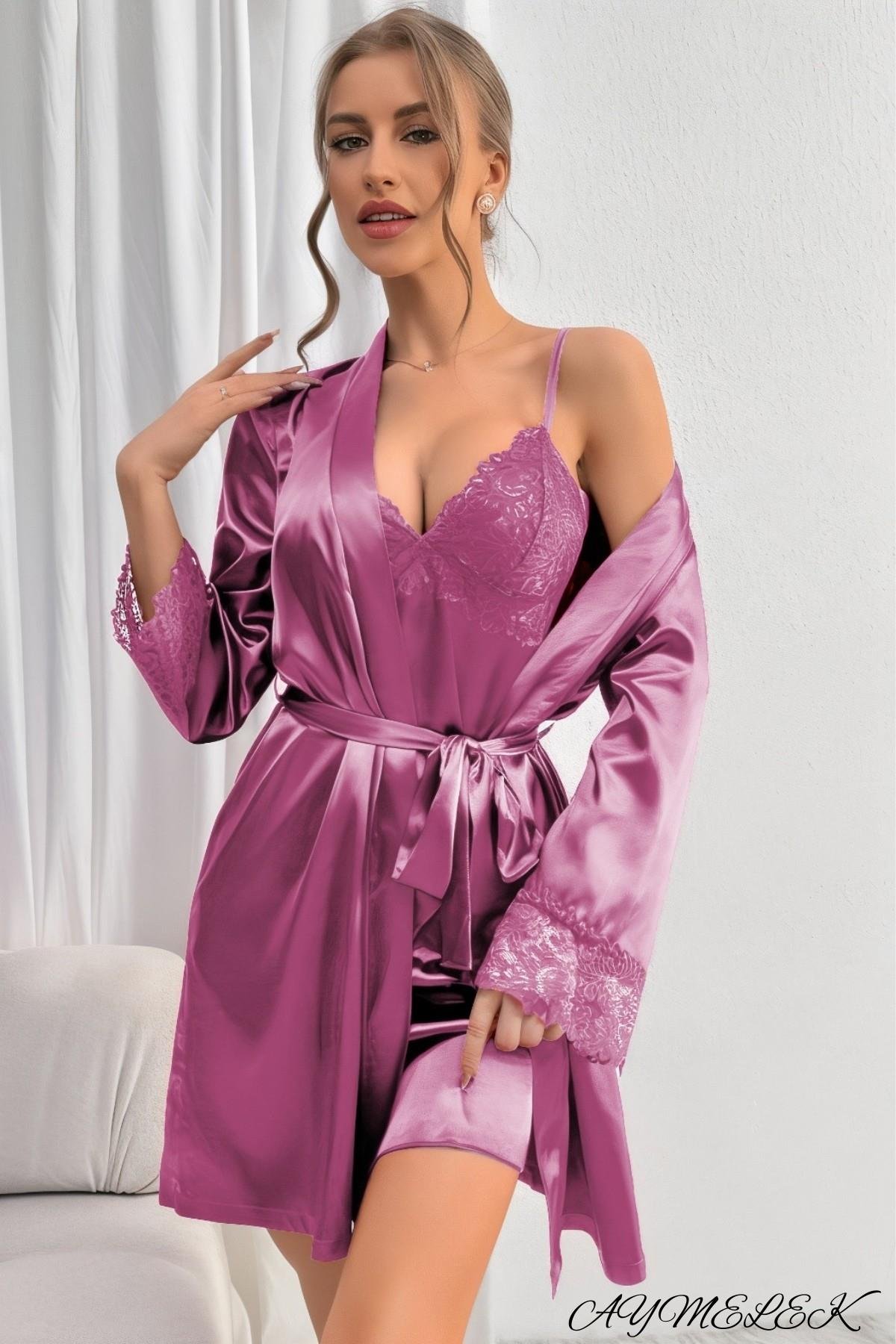 Kadın Gecelik Saten Kumaş Dantel Detaylı Fantazi Çeyizlik Sabahlık İç Giyim