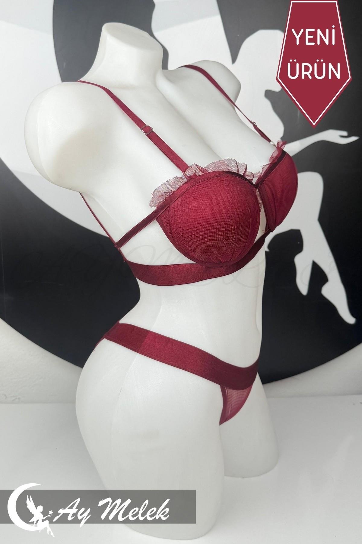 Kadın Giyim Tül Desenli Balenli Sütyen Külot İç Giyim Takımı