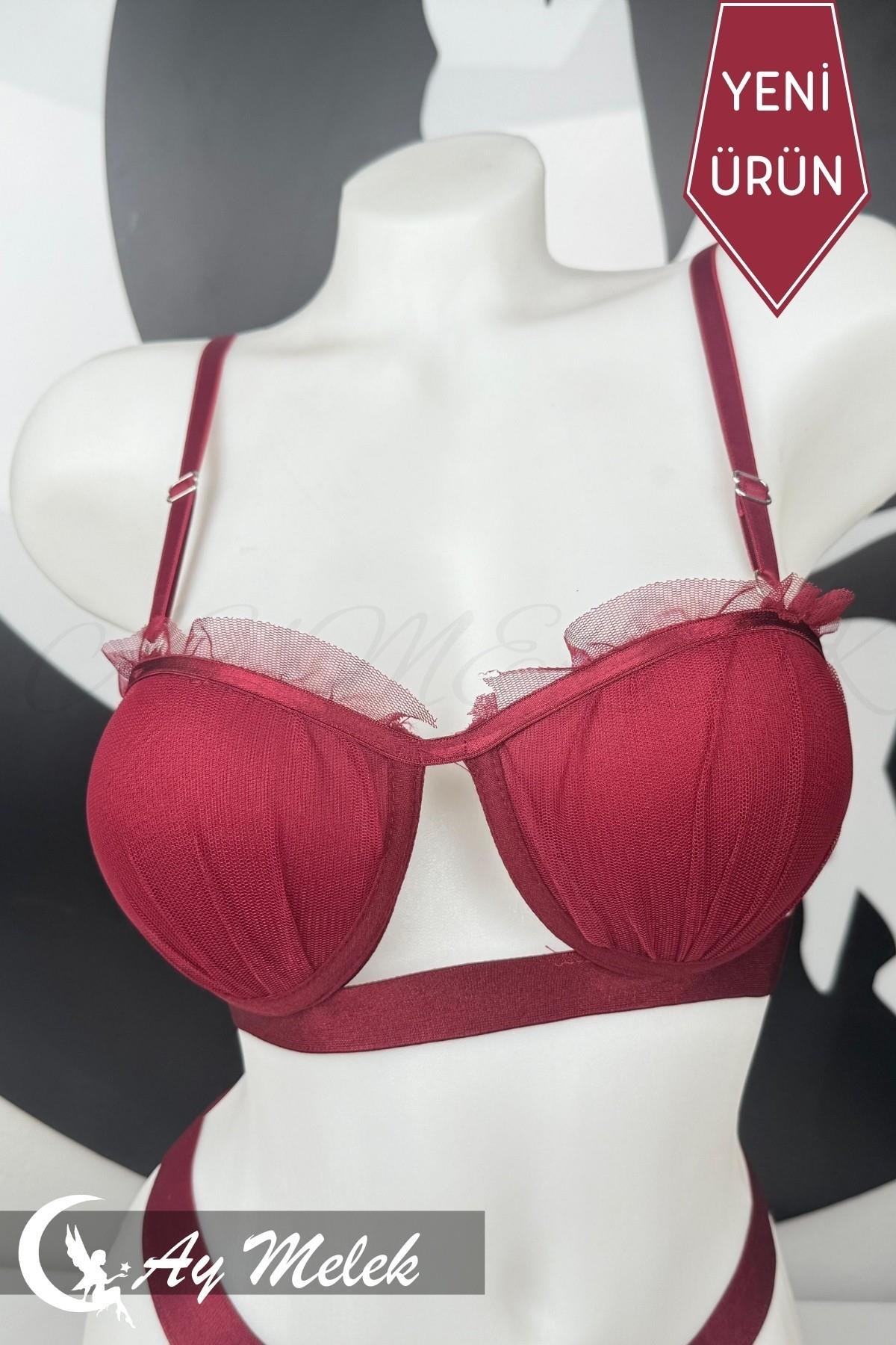 Kadın Giyim Tül Desenli Balenli Sütyen Külot İç Giyim Takımı