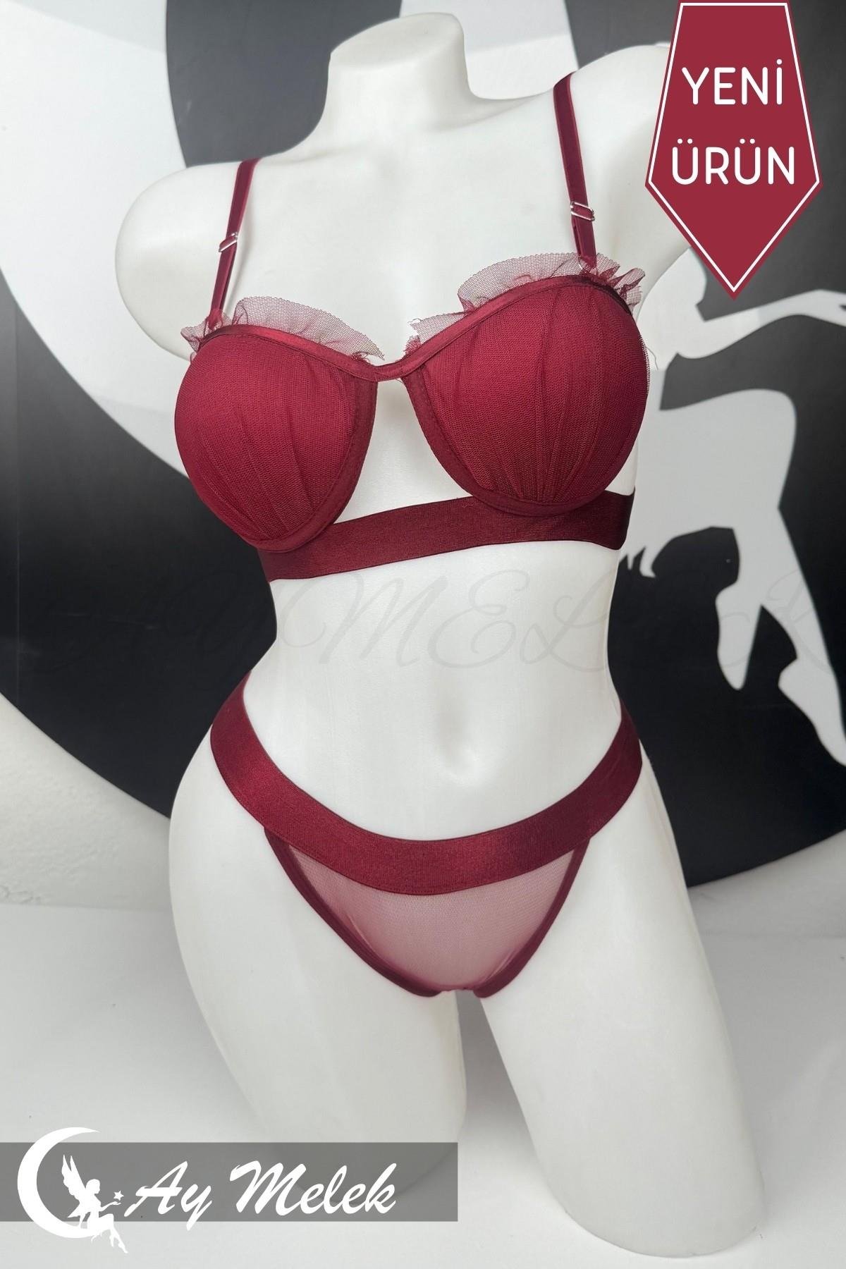 Kadın Giyim Tül Desenli Balenli Sütyen Külot İç Giyim Takımı