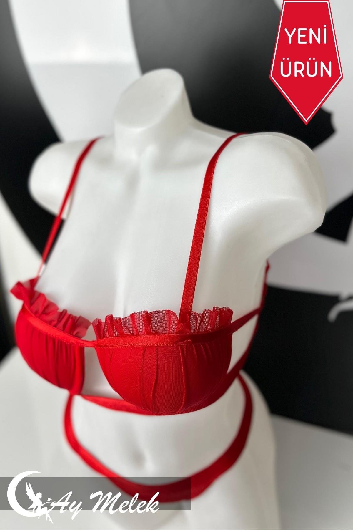 Kadın Giyim Tül Desenli Balenli Sütyen Külot İç Giyim Takımı