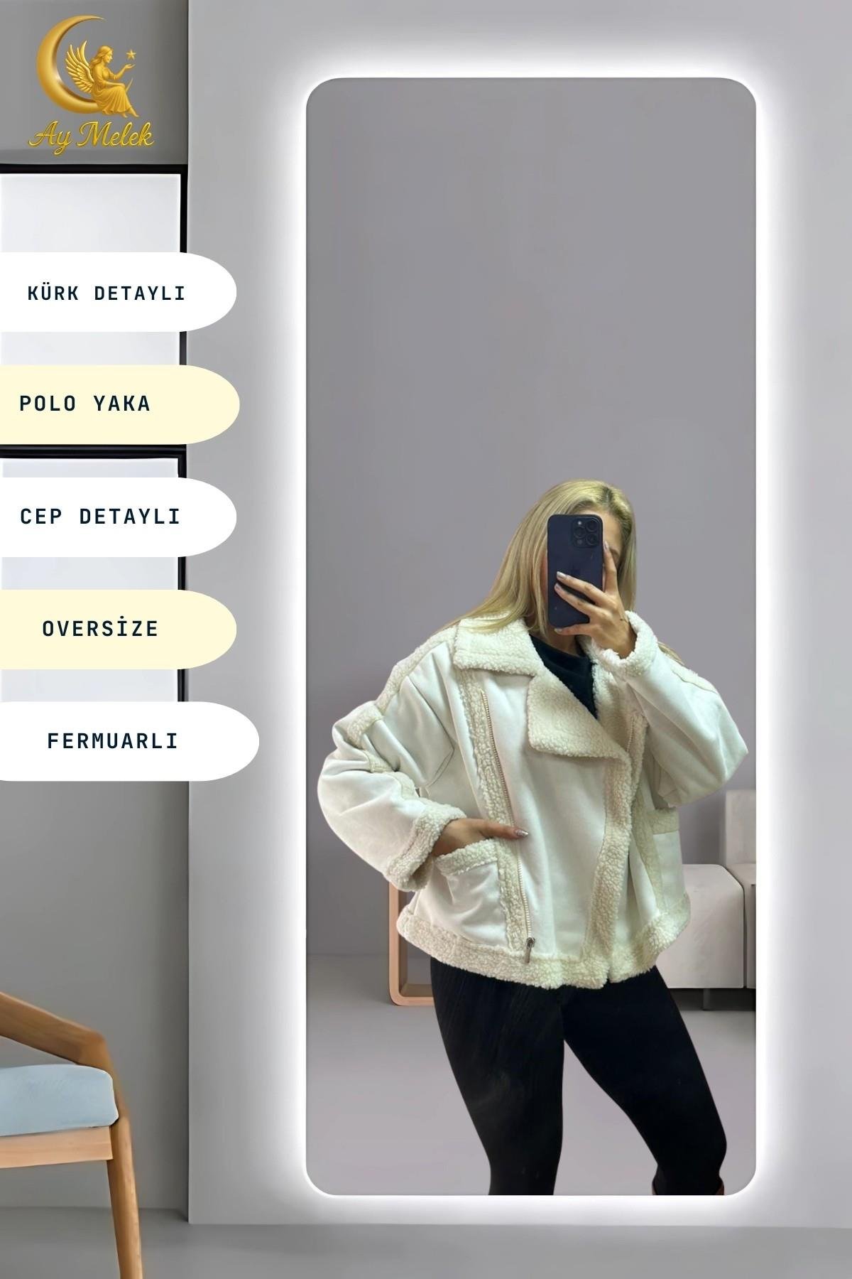 Kadın İçi Peluşlu Kürk Detaylı Fermuarlı Cepli Süet Oversize Mont