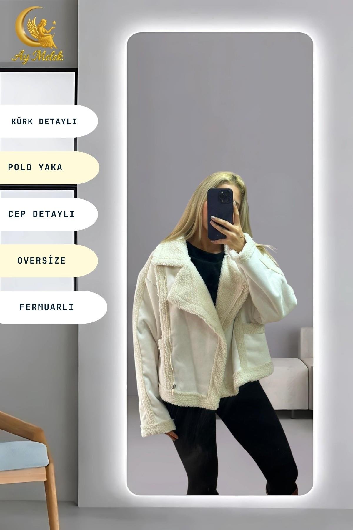 Kadın İçi Peluşlu Kürk Detaylı Fermuarlı Cepli Süet Oversize Mont