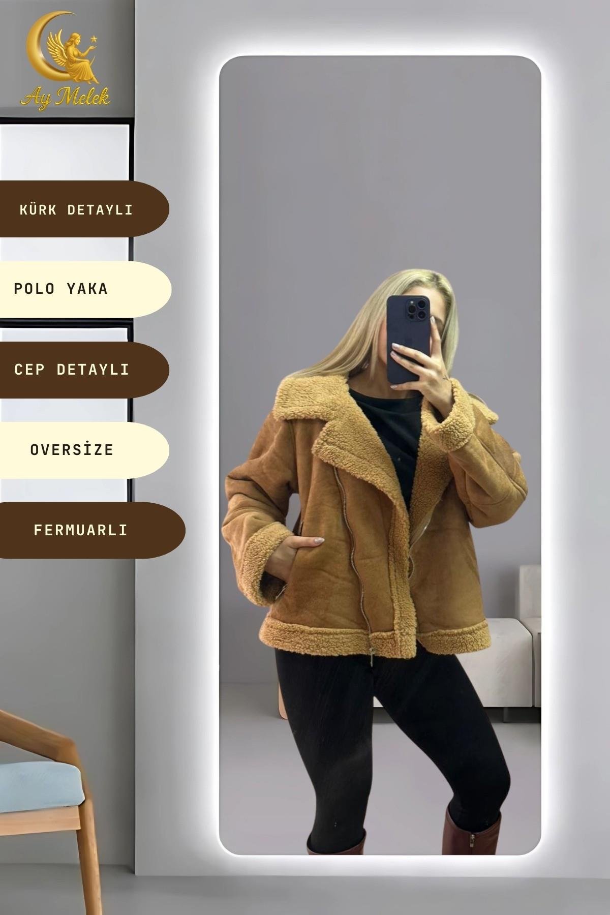 Kadın İçi Peluşlu Kürk Detaylı Fermuarlı Cepli Süet Oversize Mont