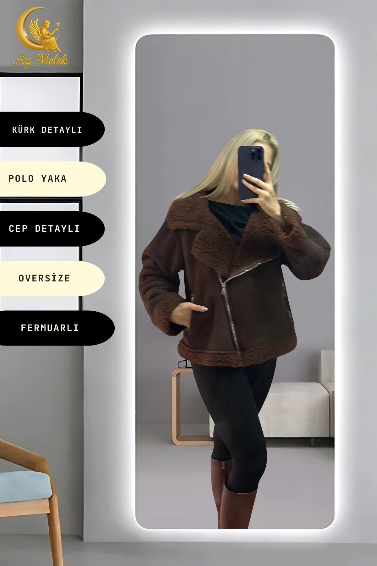 Kadın İçi Peluşlu Kürk Detaylı Fermuarlı Cepli Süet Oversize Mont