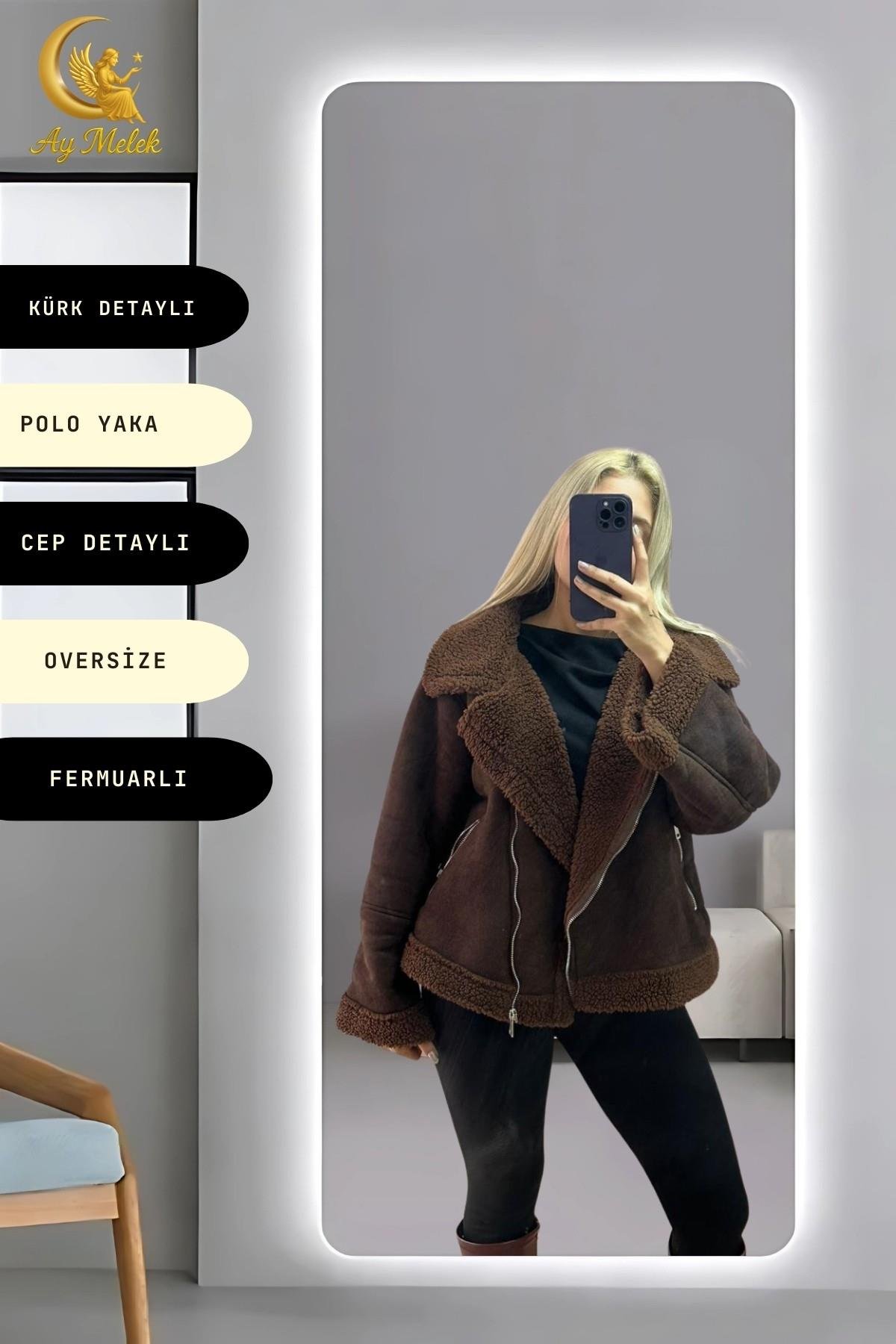 Kadın İçi Peluşlu Kürk Detaylı Fermuarlı Cepli Süet Oversize Mont