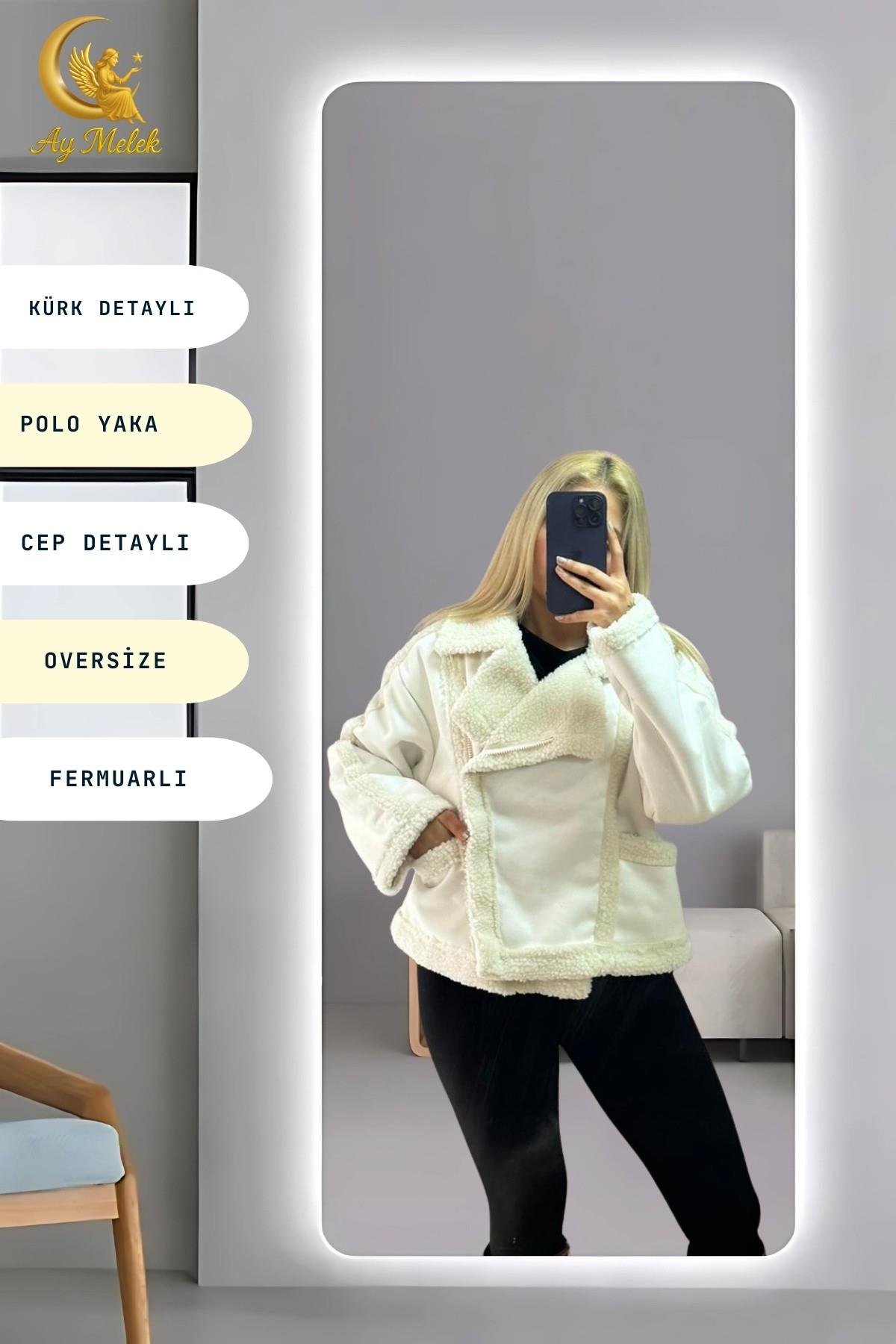 Kadın İçi Peluşlu Kürk Detaylı Fermuarlı Cepli Süet Oversize Mont