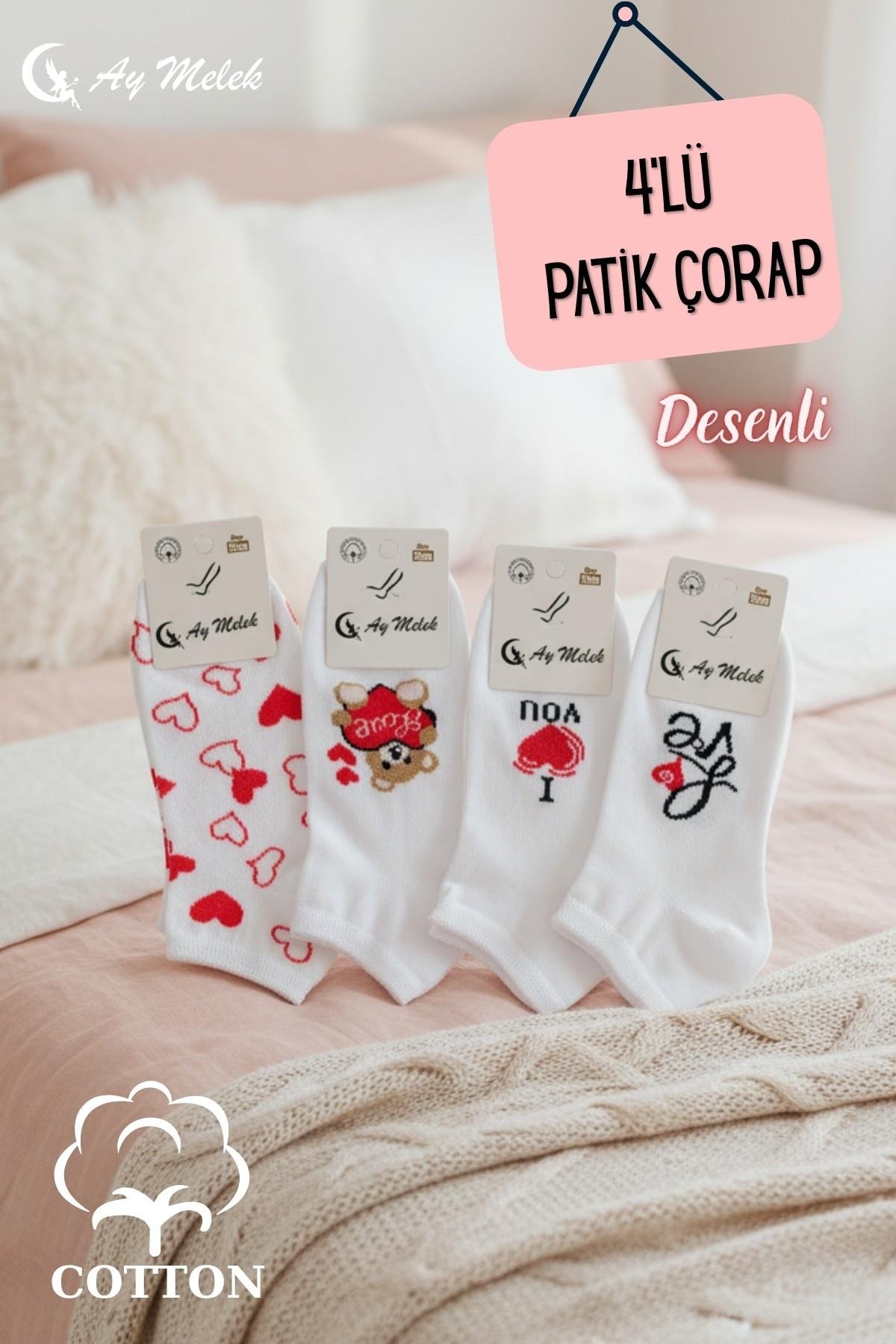 Kadın Kısa Çorap 4 Çift Pamuklu Desenli Görünmez Sneakers Çorap