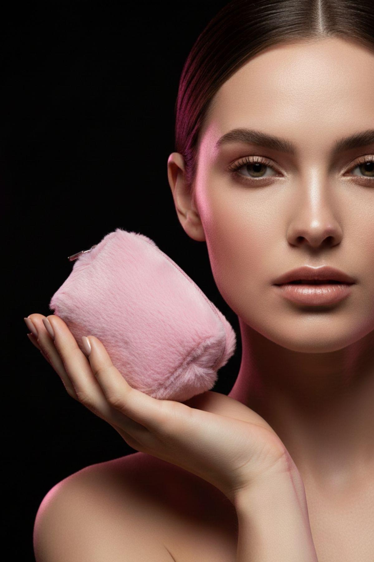 Kadın Mini Boy Çanta Cüzdanı Peluş Anahtarlıklı Makyaj Çantası