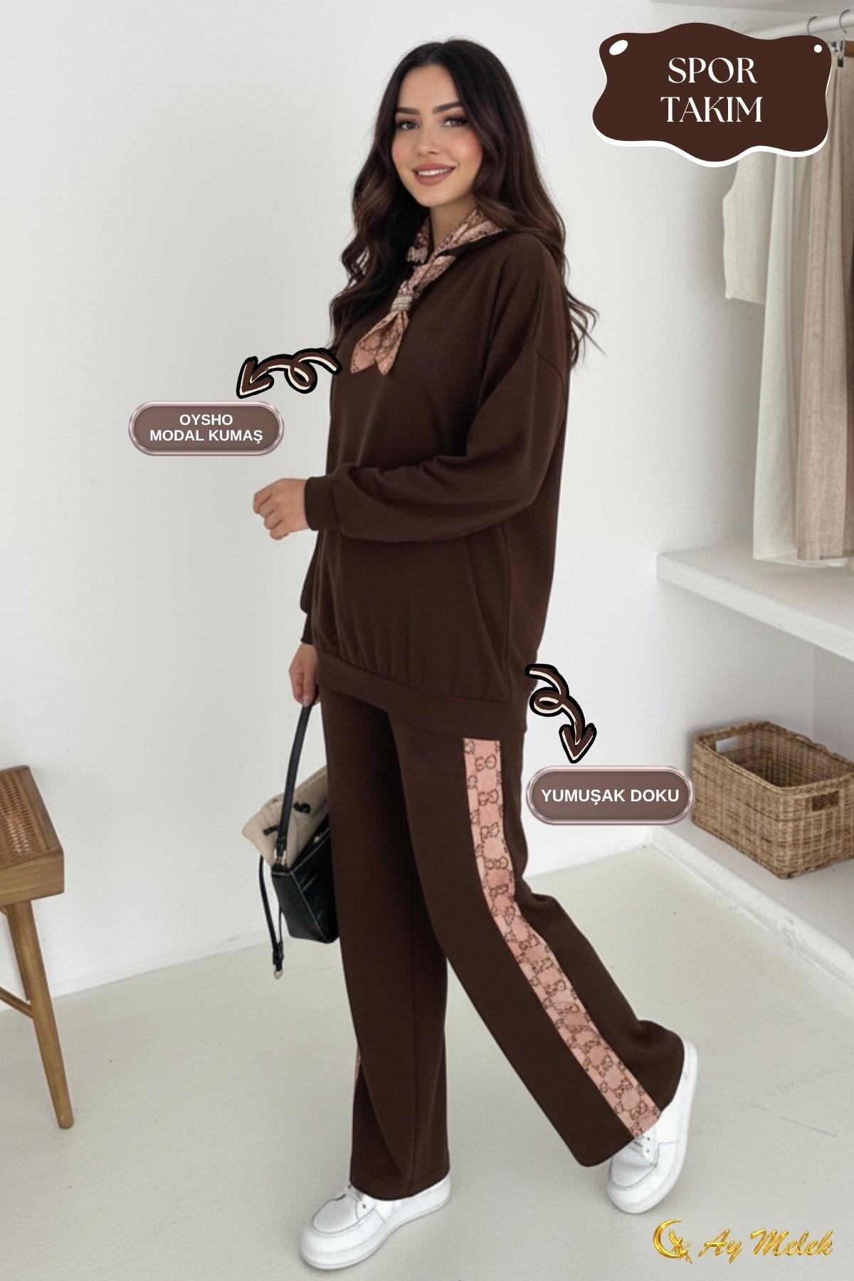 Kadın Modal Takım (HEDİYE Fular Aksesuarlı) Geniş Paça Spor Alt Üst Takım