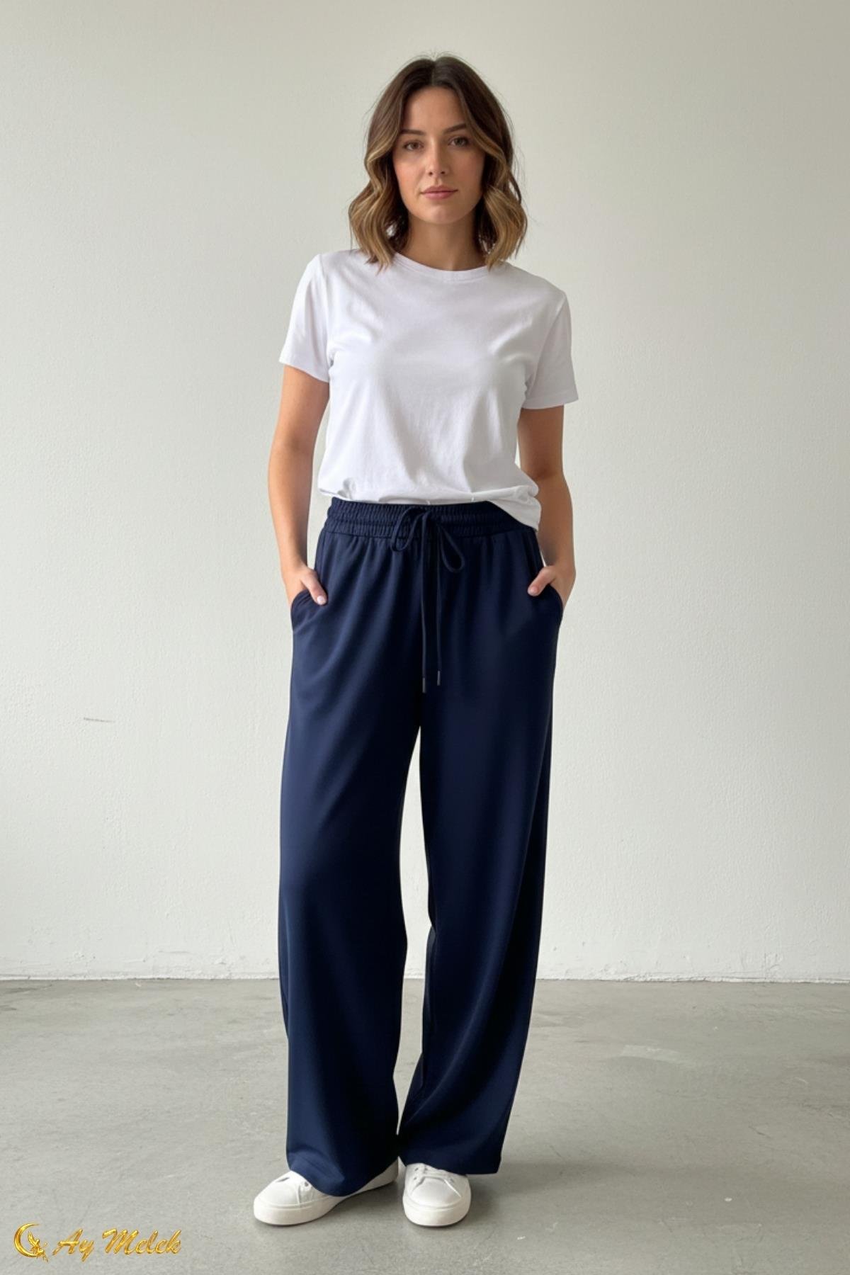 Kadın Pamuklu Dokuma Bol Kesim Geniş Paça Pantolon