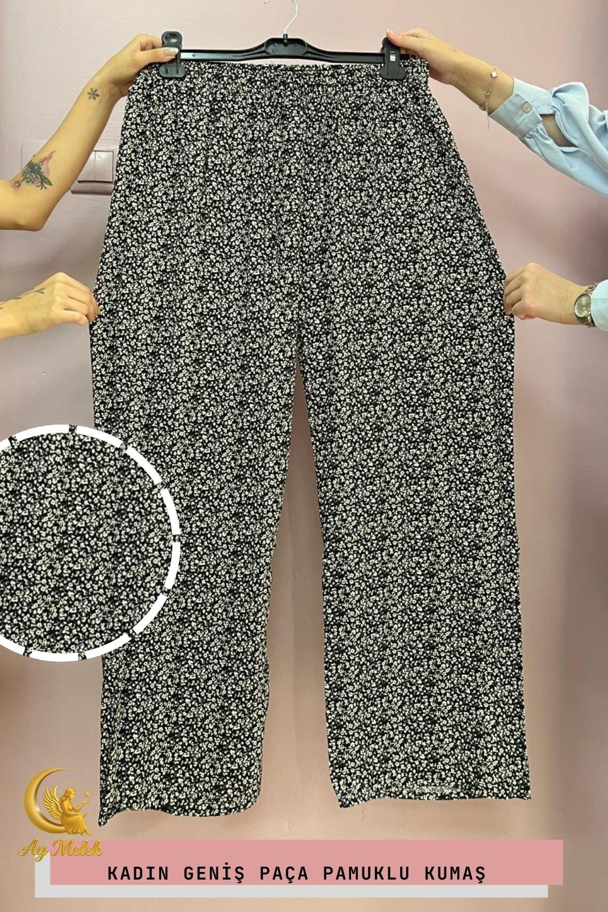 Kadın Pamuklu Dokuma Desenli Bol Kesim Geniş Paça Pantolon